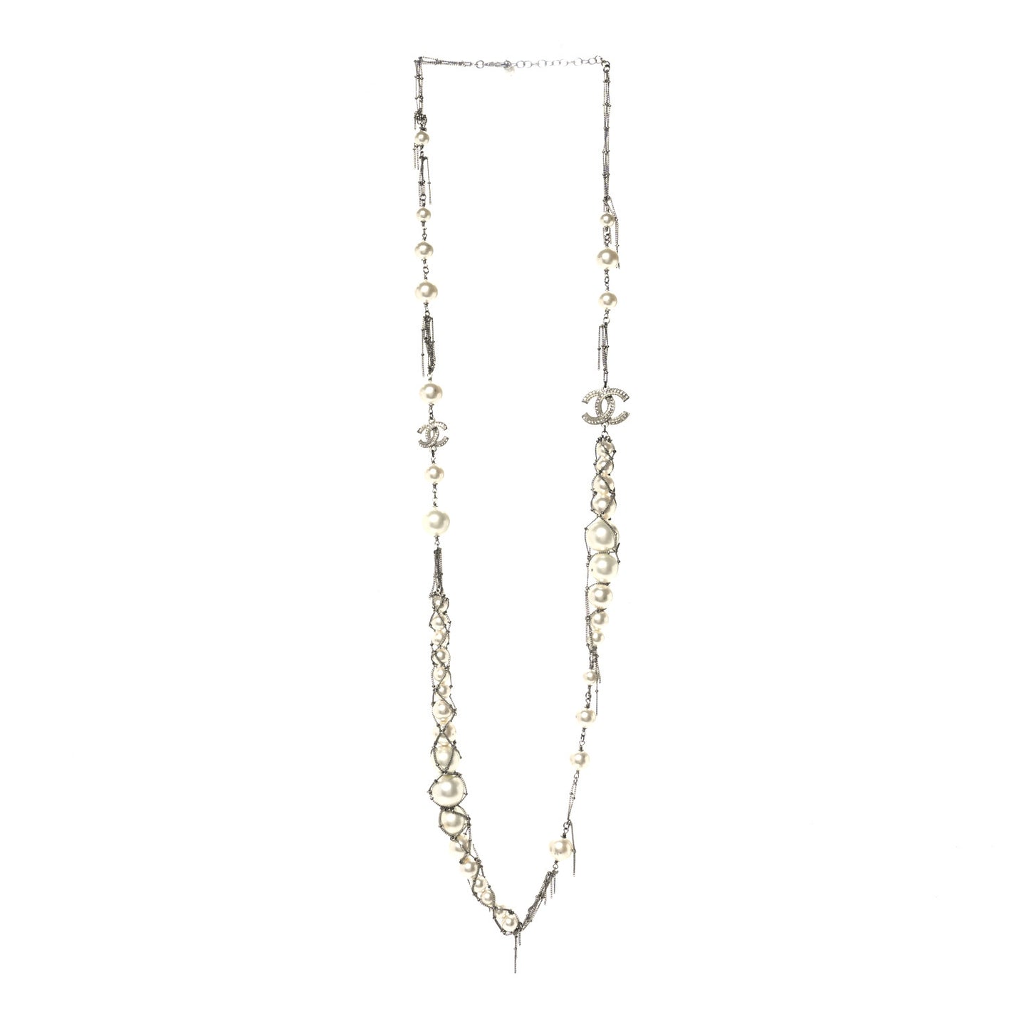 Crystal Pearl Multi Strand Chain CC Long Necklace Silver