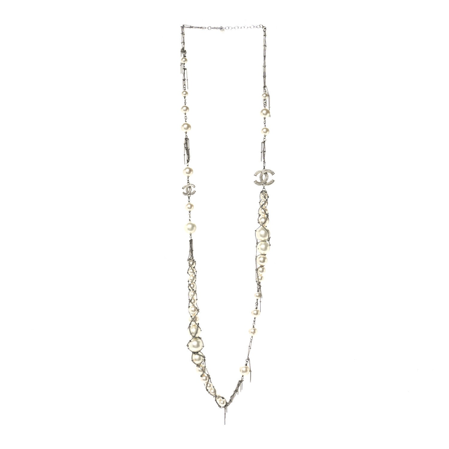 Chanel Crystal Pearl Multi Strand Chain CC Long Necklace Silver 3 of 6