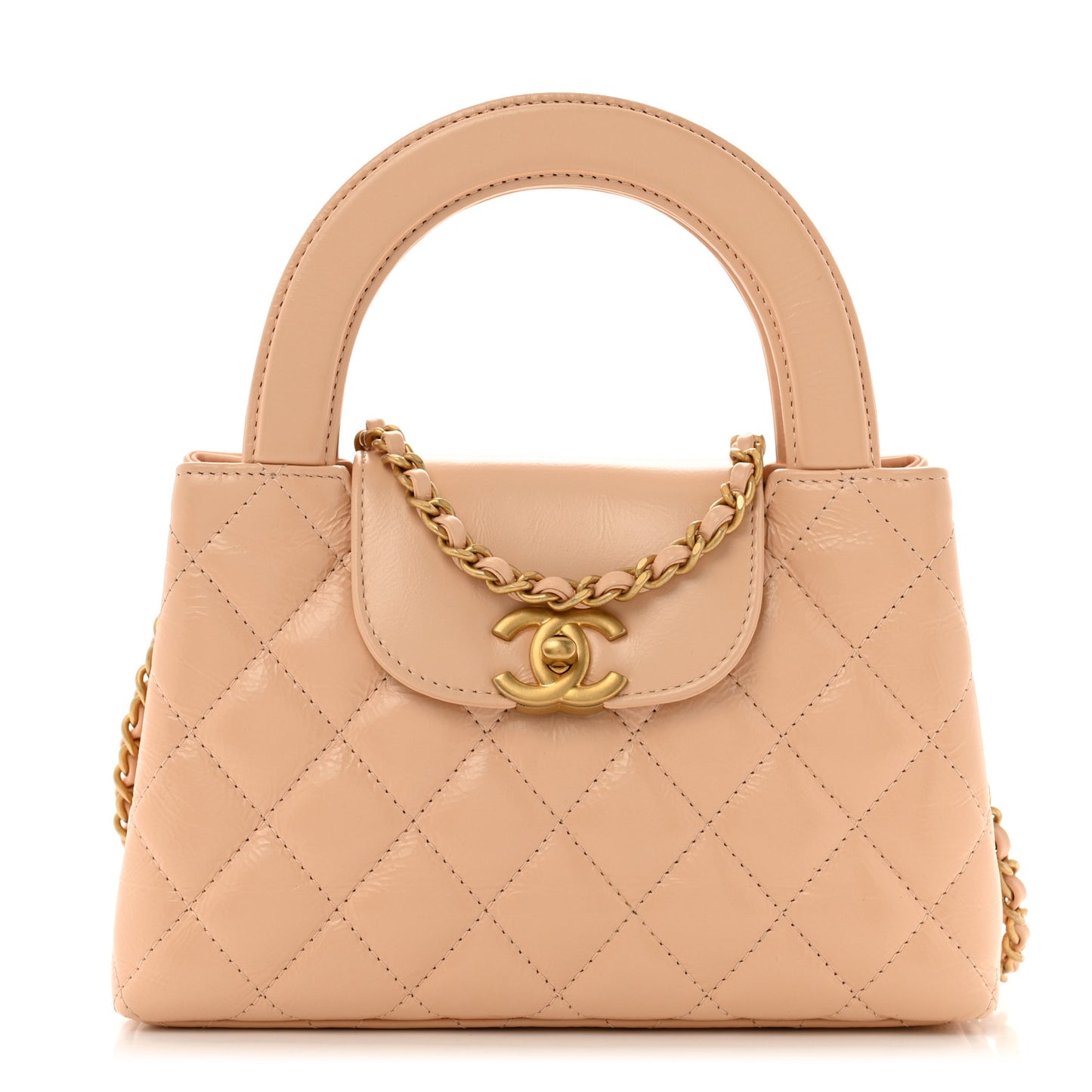 Shiny Aged Calfskin Quilted Nano Kelly Shopper Beige