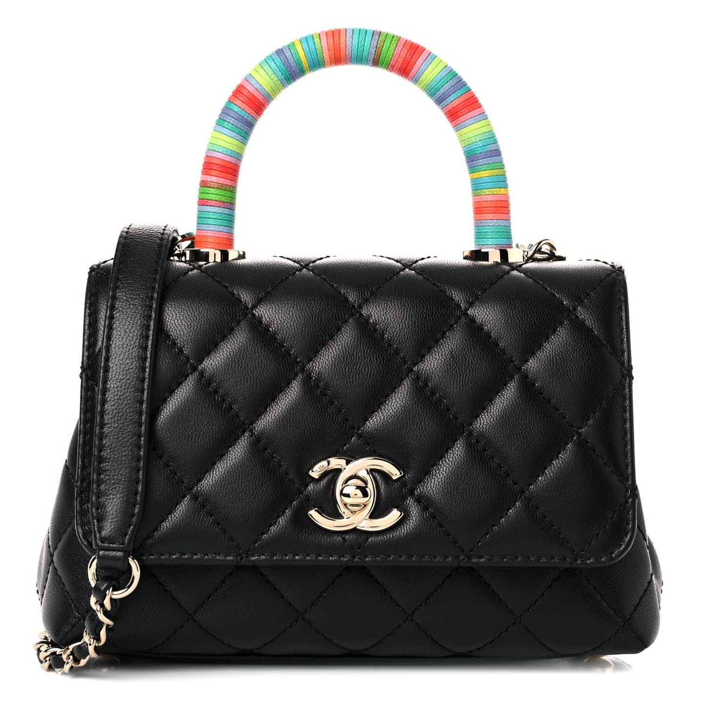 Goatskin Quilted Rainbow Extra Mini Coco Handle Flap Black