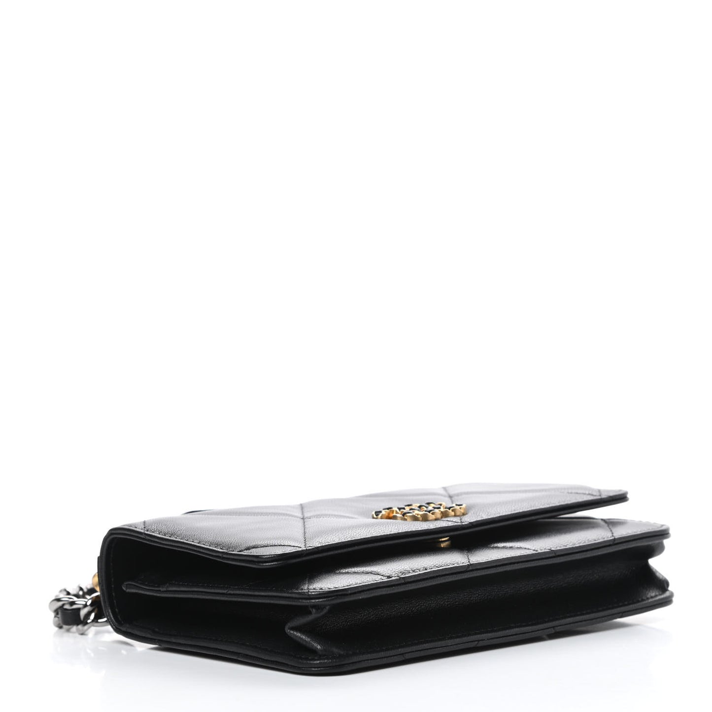 Shiny Goatskin Quilted Chanel 19 Wallet On Chain WOC Black