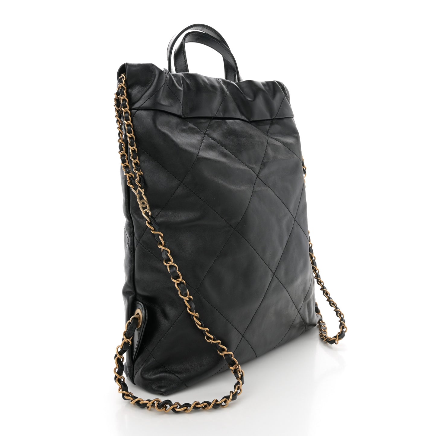 Shiny Calfskin Quilted Chanel 22 Backpack Black