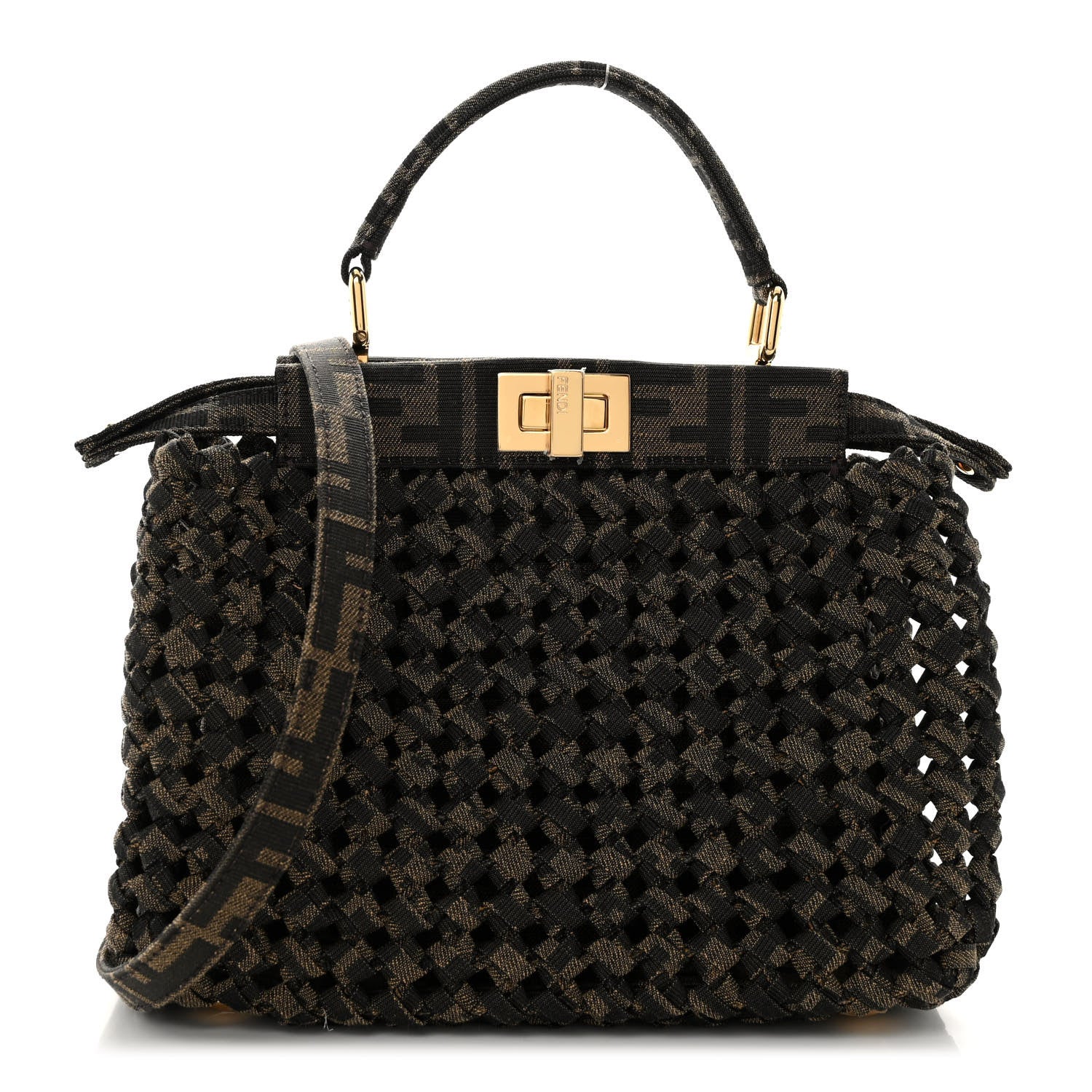 Fendi Fabric Jacquard FF 1974 Woven Knotted Mini Peekaboo Iconic Satchel Tobacco Moro 1 of 9