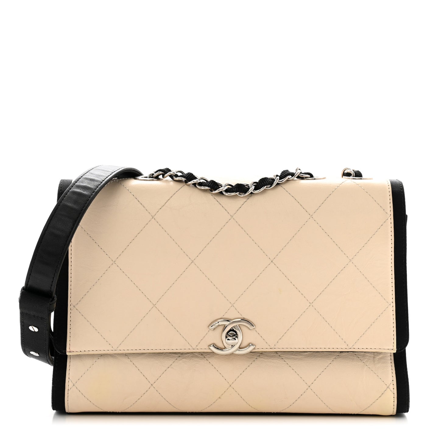 Aged Calfskin Grosgrain Quilted Chain CC Flap Ivory Black