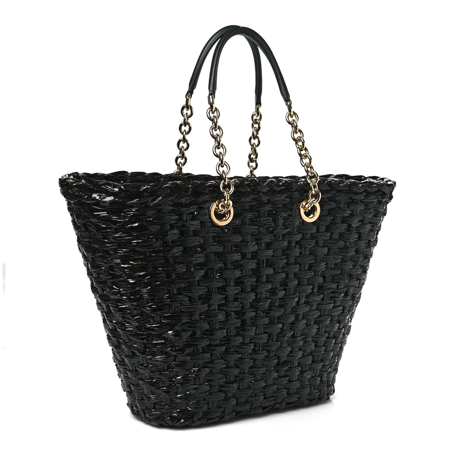 Vernice Vitello Raffia Woven Coffa Tote Black