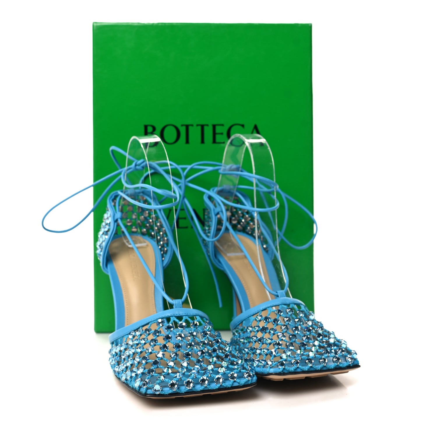 Mesh Nappa Crystal Embellished Sparkle Stretch Ankle Tie 90mm Sandals 38 Pool