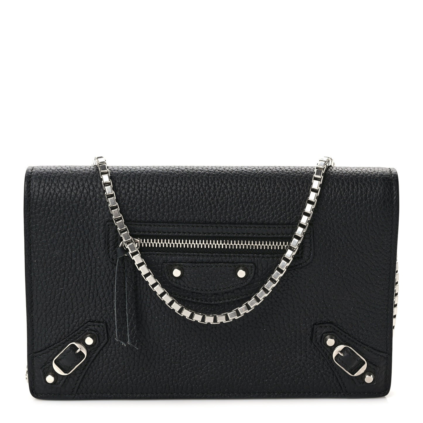 Grained Calfskin Classic Silver Hardware Wallet on Chain Black