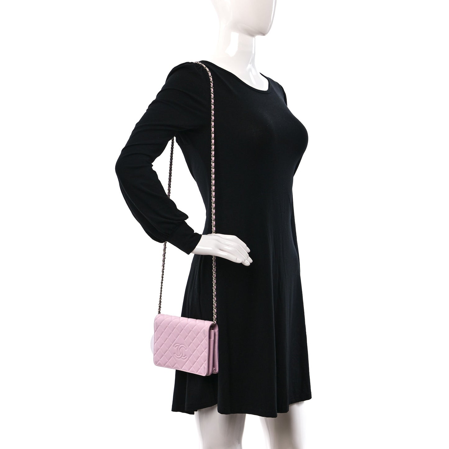 Lambskin Quilted Diamond CC Wallet On Chain WOC Pink