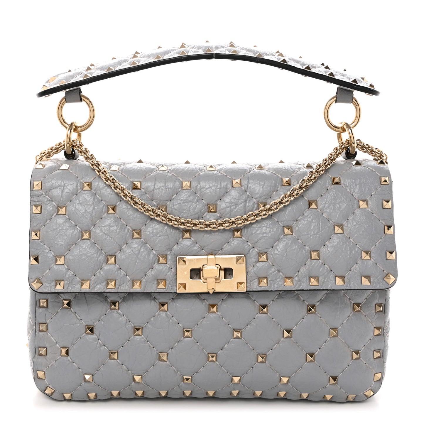 Craquele Nappa Medium Rockstud Spike Shoulder Bag Pastel Grey