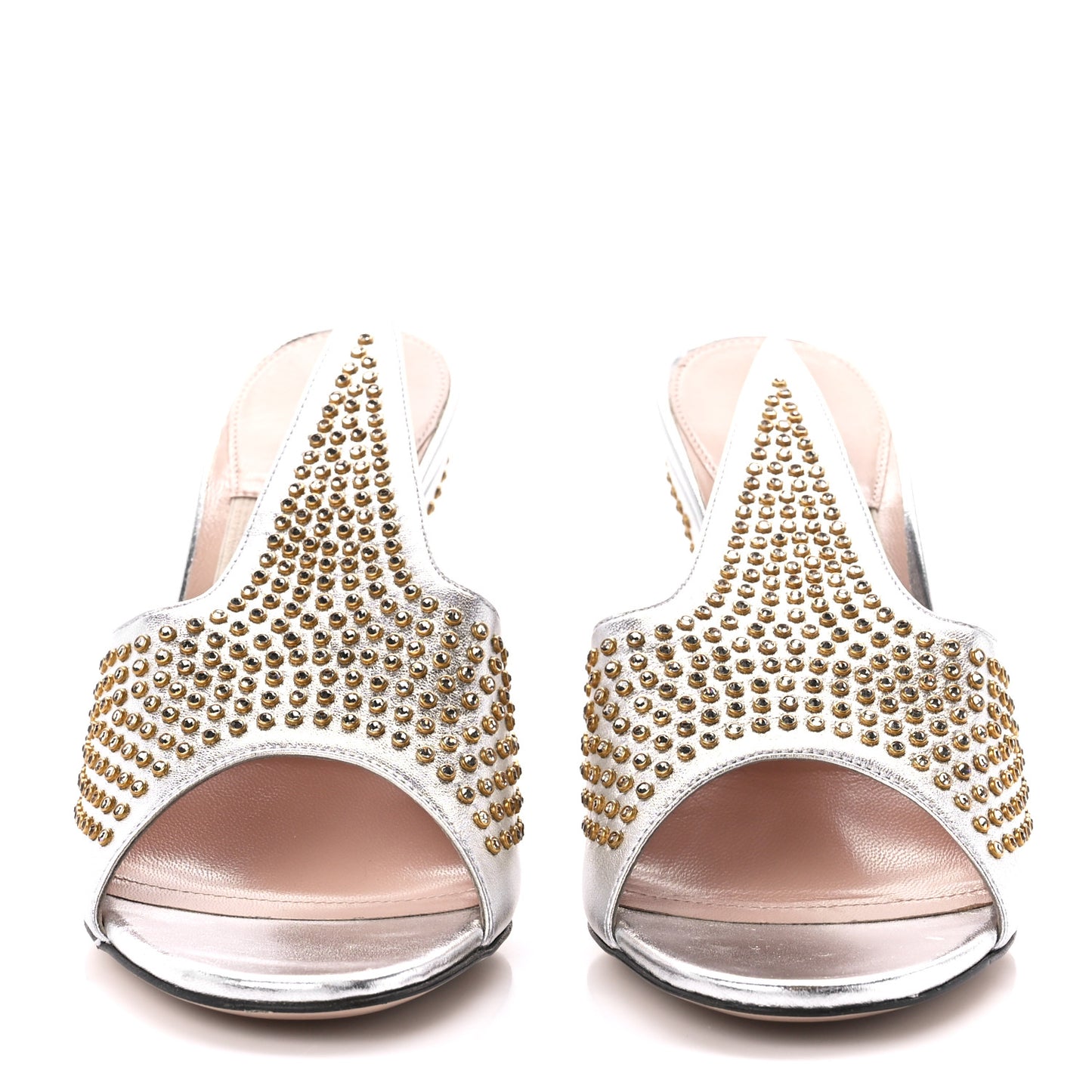 Metallic Calfskin Crystal Studded Fedra Mule Sandals 36.5 Silver