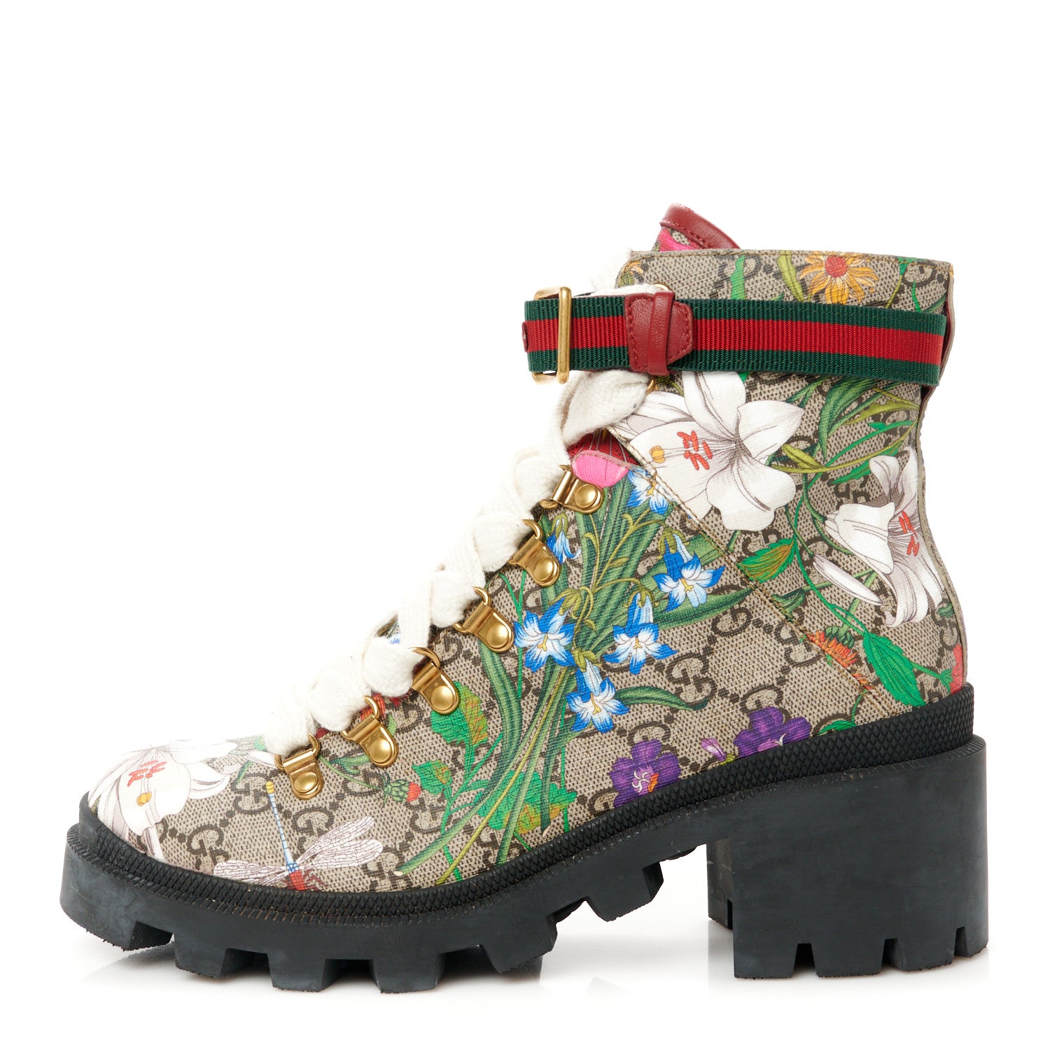 Gucci GG Supreme Monogram Flora Lace Up Combat Ankle Boots 38.5 Beige Multicolor Red 1 of 9