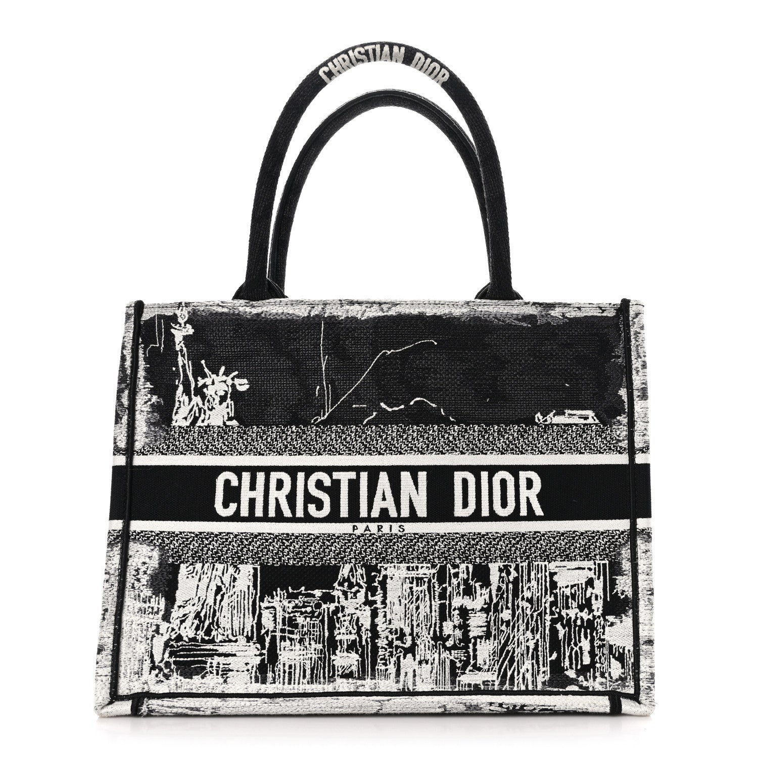Christian Dior Canvas Embroidered Medium New York Book Tote Black White 1 of 10