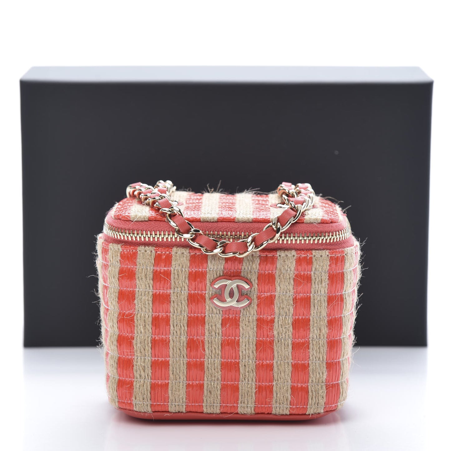 Raffia Jute Striped Mini Vanity Case With Chain Red Beige