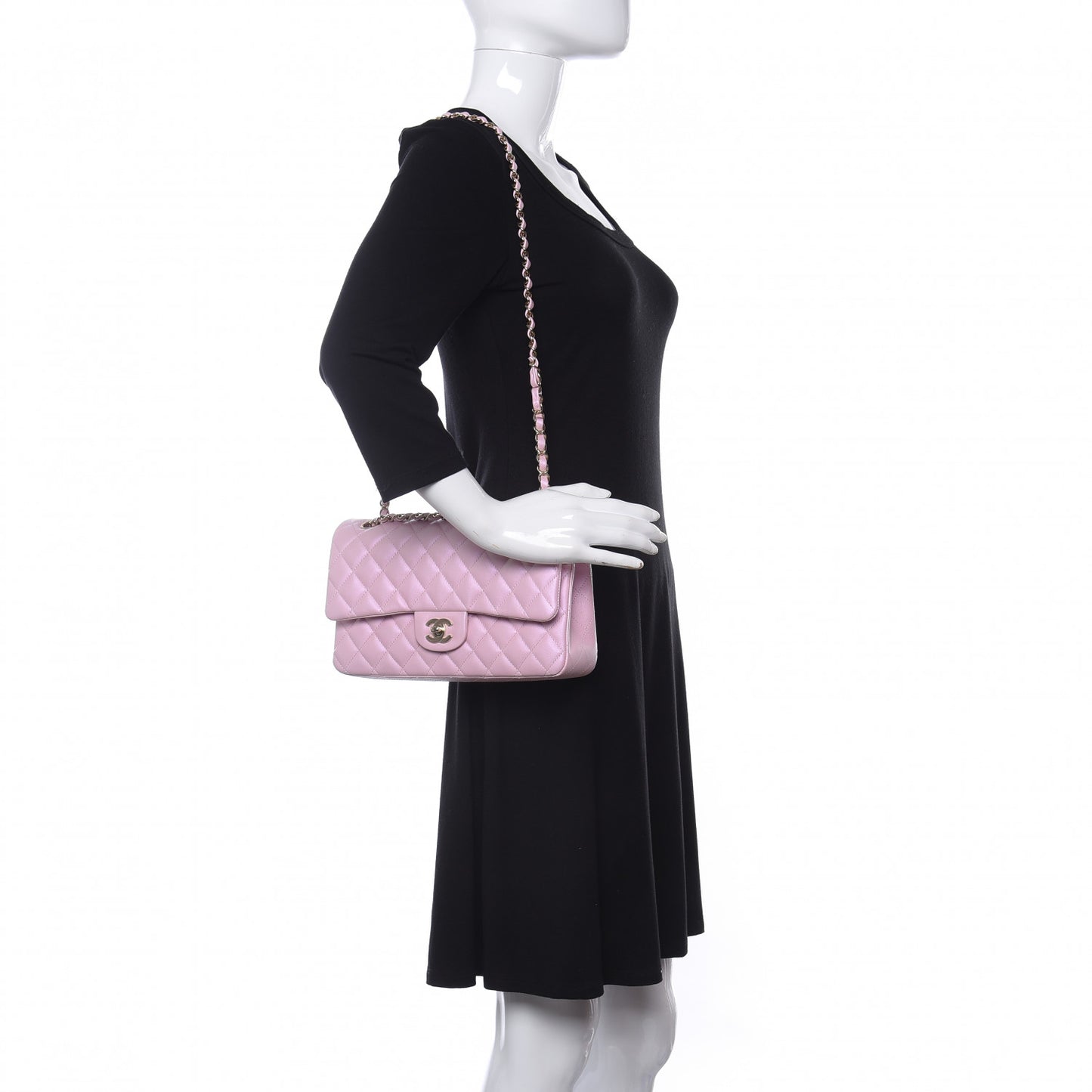 Iridescent Calfskin Quilted Medium Double Flap Light Pink