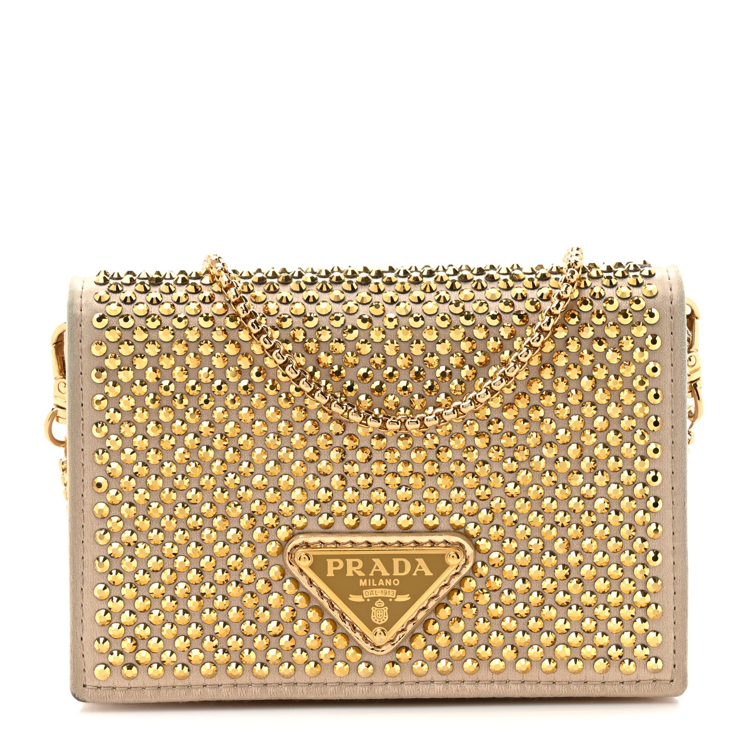 Prada Satin Crystal Metal Triangle Logo Card Holder With Strap