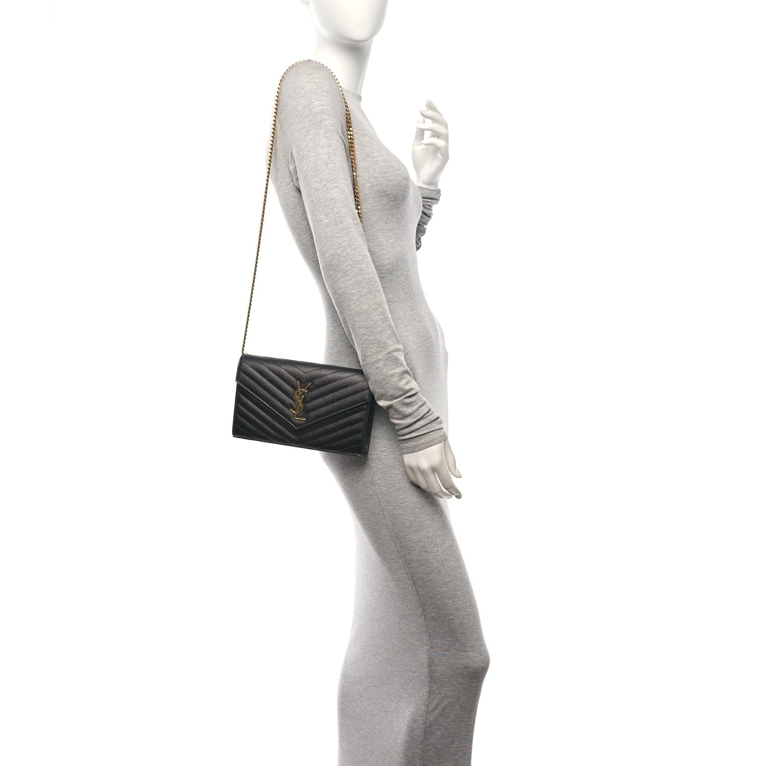 Saint Laurent Grain De Poudre Matelasse Chevron Monogram Chain Wallet Black 2 of 12