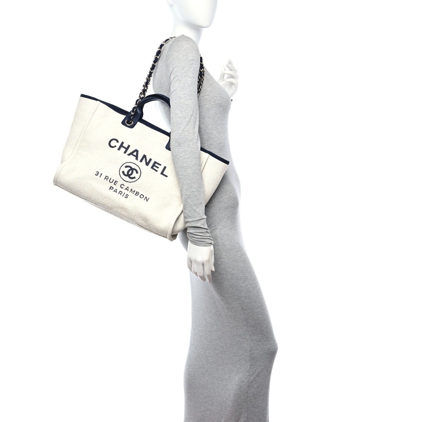 Woven Straw Raffia Medium Deauville Tote White Navy