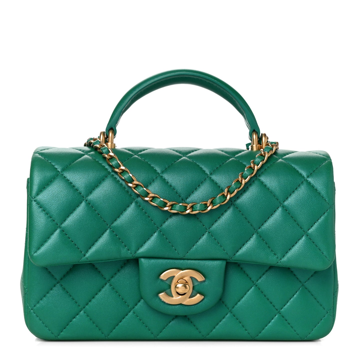 Iridescent Lambskin Quilted Mini Top Handle Rectangular Flap Green