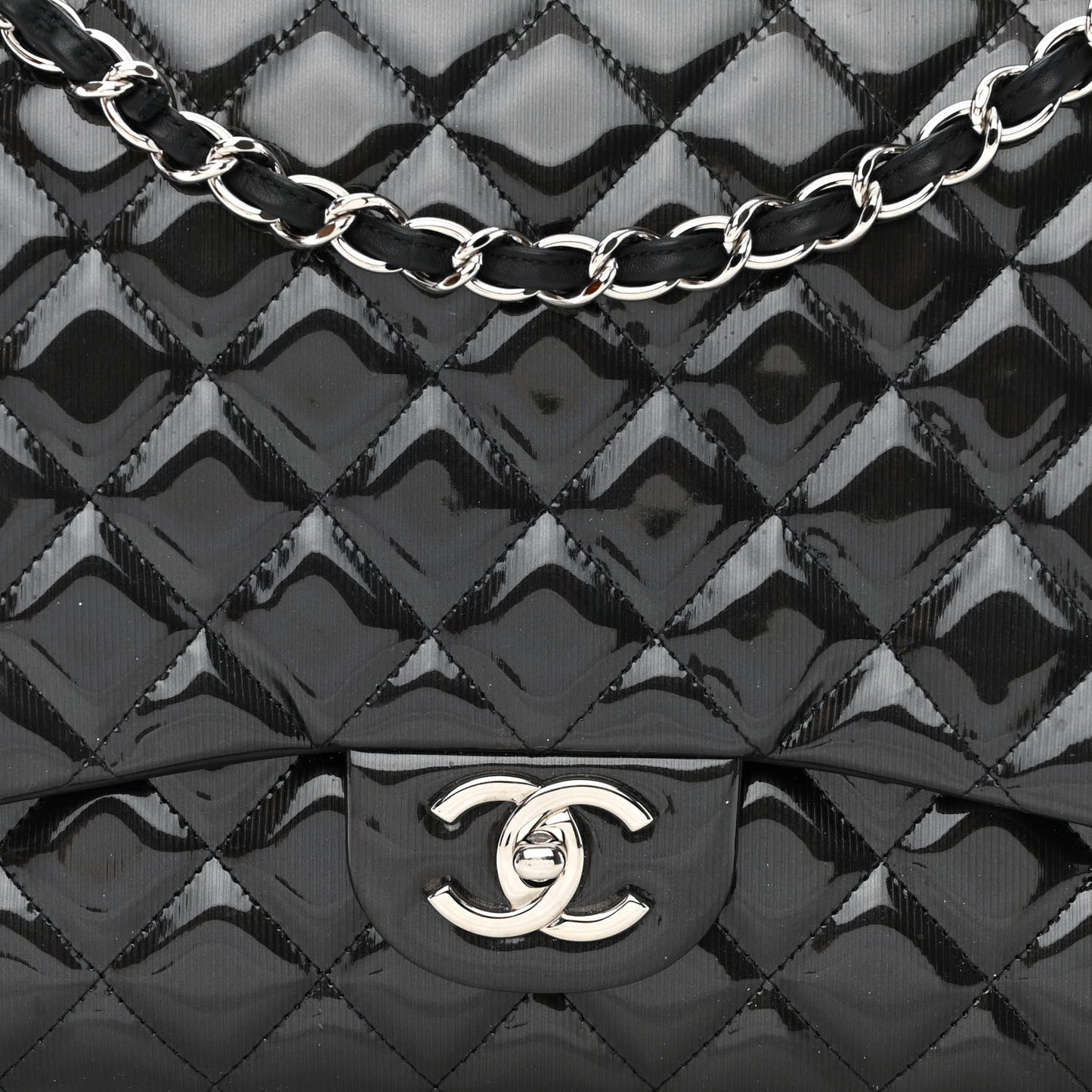 Striated Patent Quilted Maxi Double Flap Black