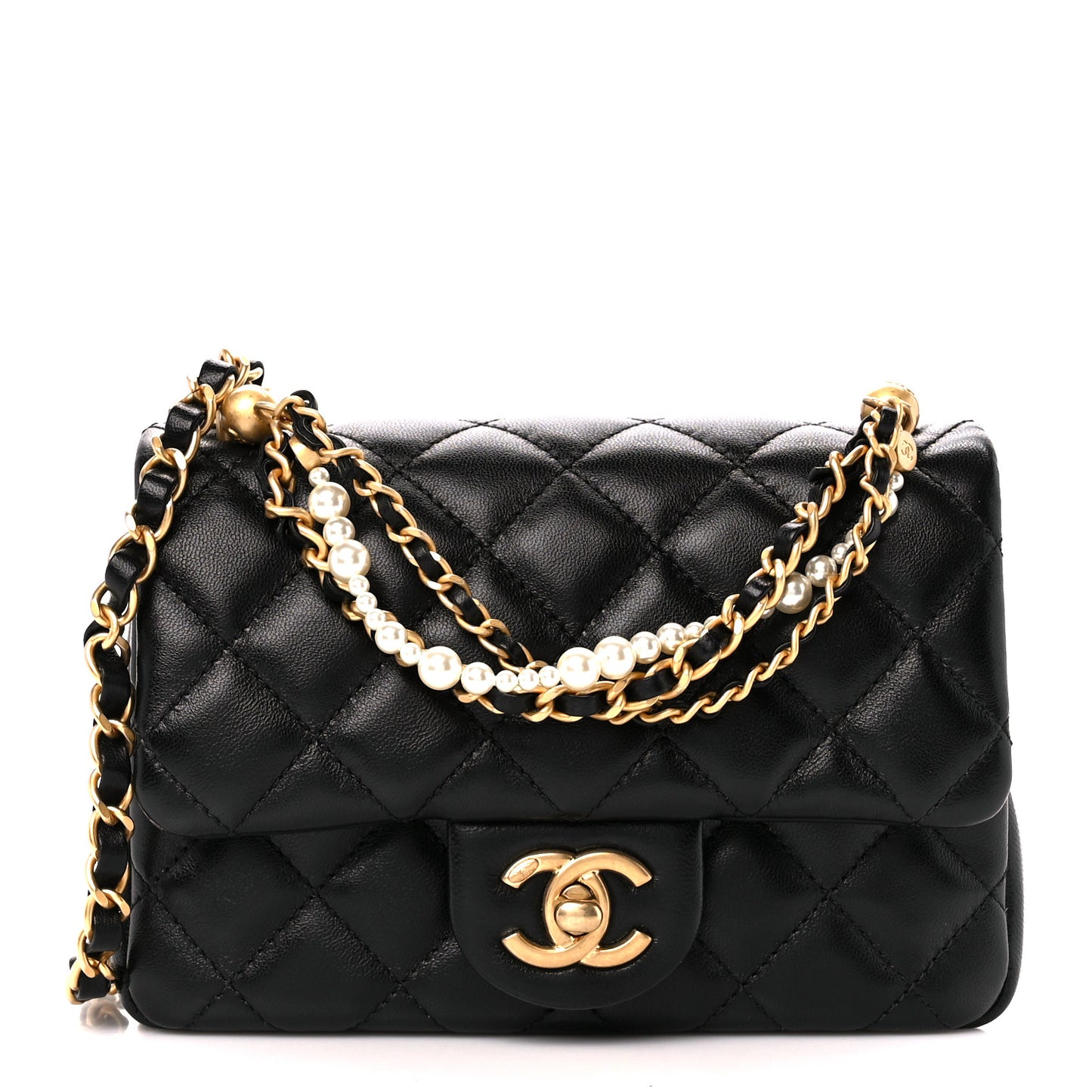 Shiny Lambskin Quilted Pearl Twist Mini Square Flap Black