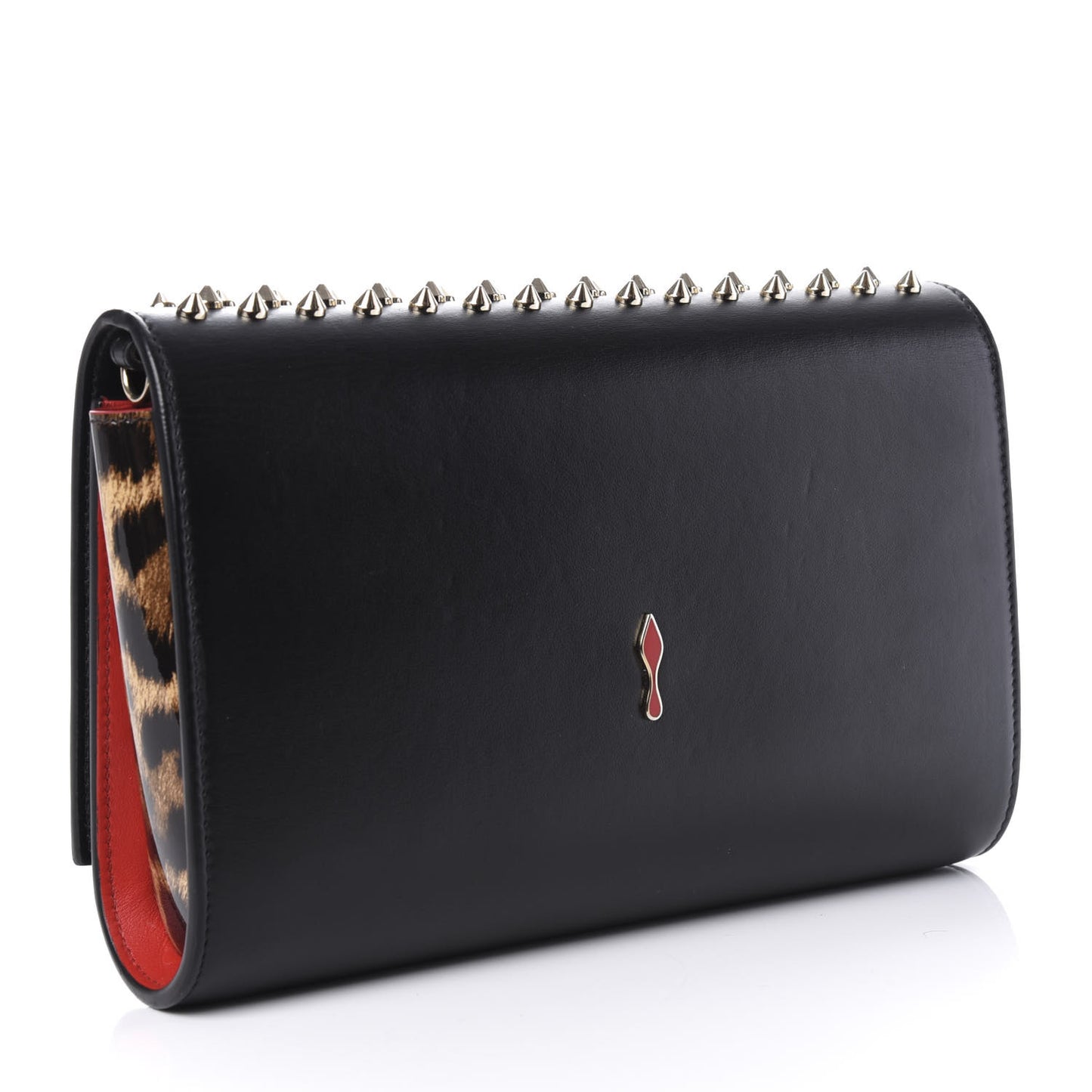 Calfskin Patent Leopard Spikes Paloma Clutch Black