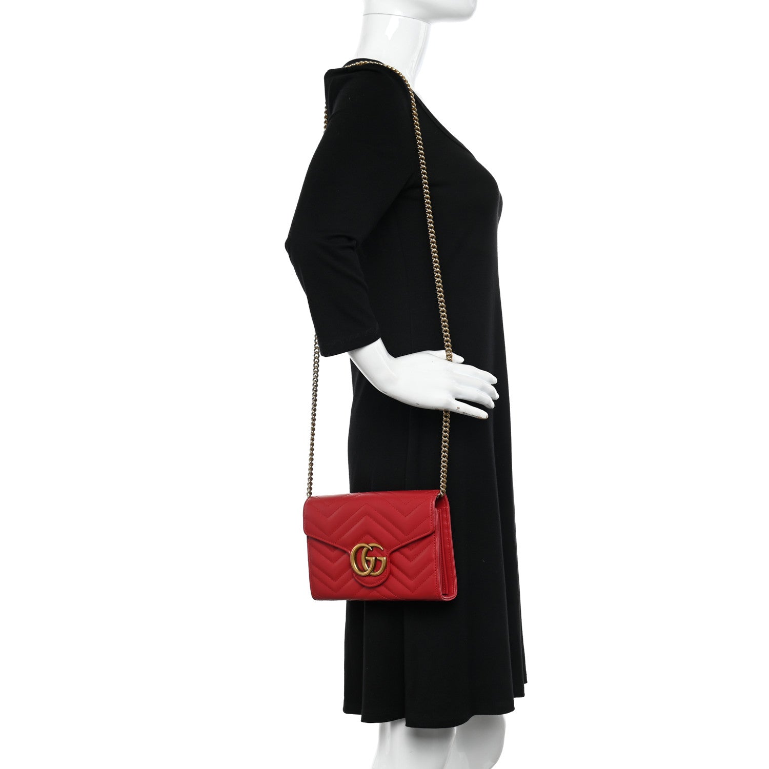 Gucci Calfskin Matelasse GG Marmont Chain Wallet Hibiscus Red 2 of 12