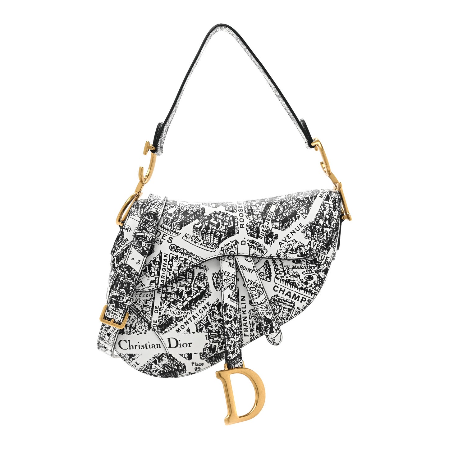 Calfskin Plan De Paris Printed Saddle Bag With Strap White Black