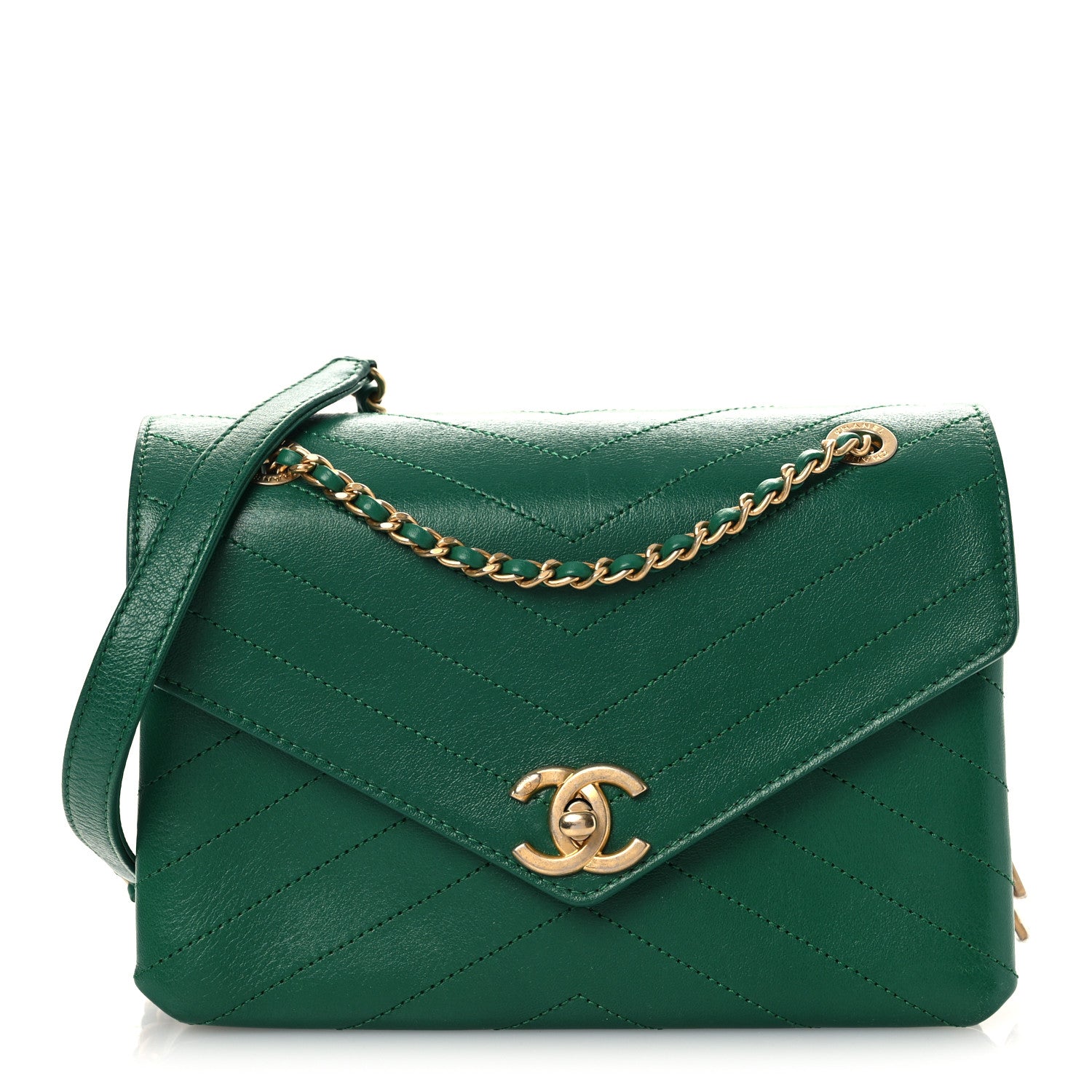 Chanel Lambskin Chevron Stitched Envelope Flap Bag Green 1806200
