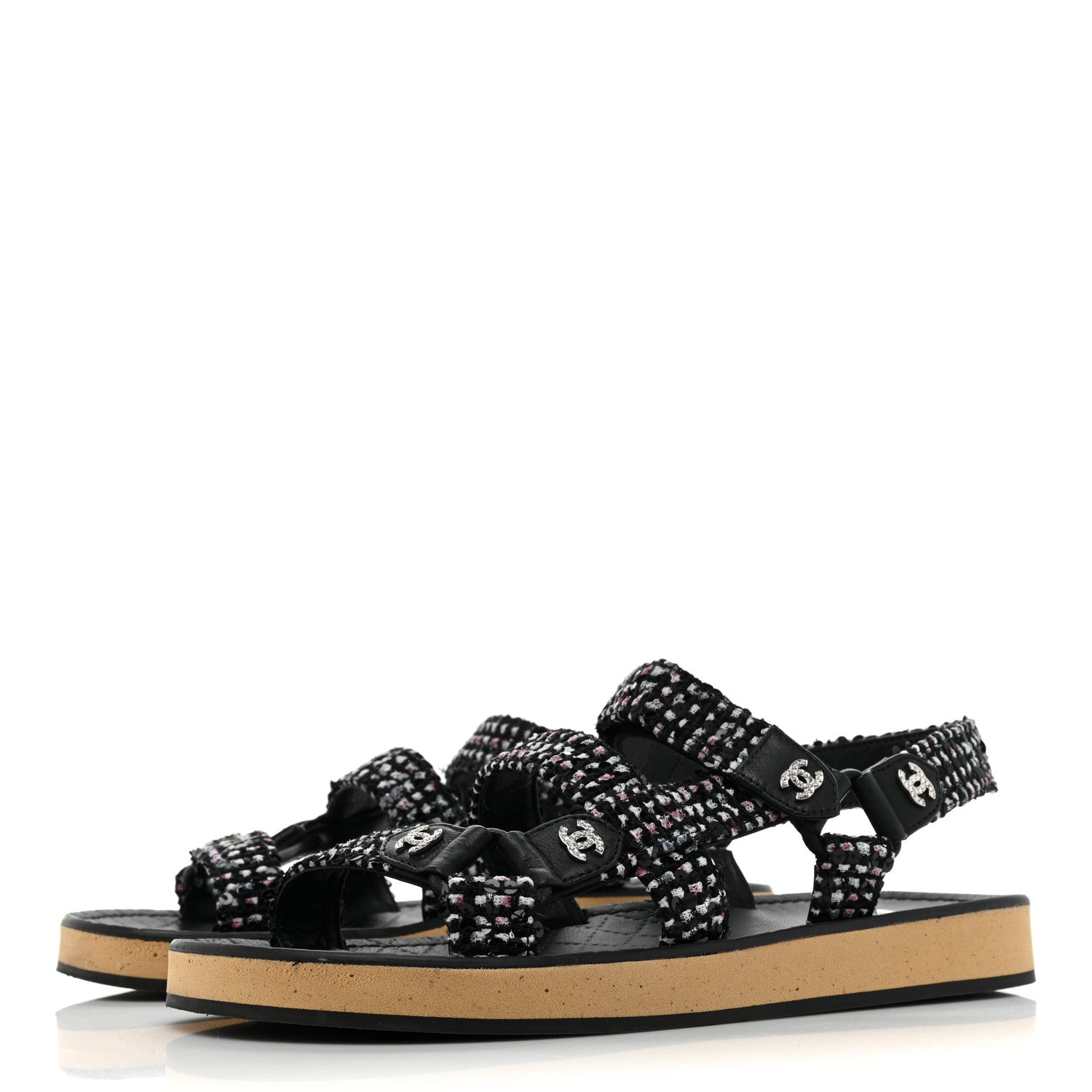 Chanel Tweed Lambskin Crystal CC Sandals 37 Black Multicolor 3 of 13