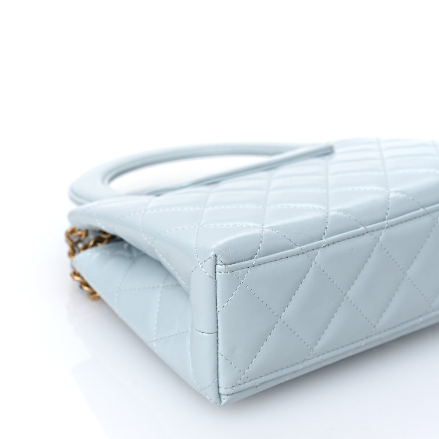 Shiny Aged Calfskin Quilted Nano Kelly Shopper Light Blue