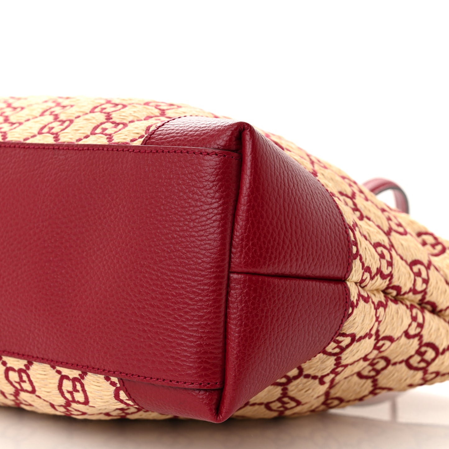 Straw Jacquard Dollar Calfskin GG Monogram Medium Ophidia Shopping Tote Natural New Cherry Red