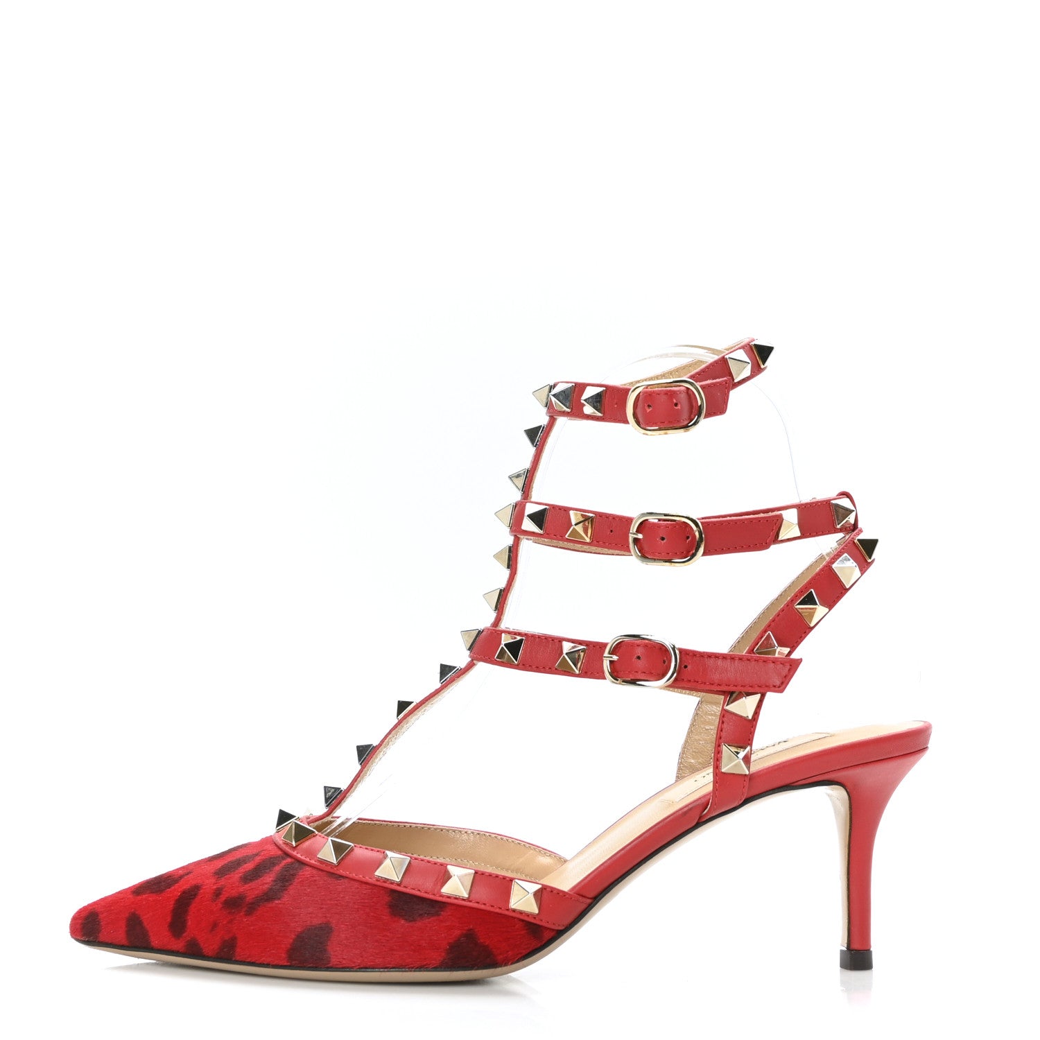 Valentino Garavani Calf Hair Leopard Print Rockstud Ankle Strap 65mm Pumps 37 Rosso Valentino 1 of 9