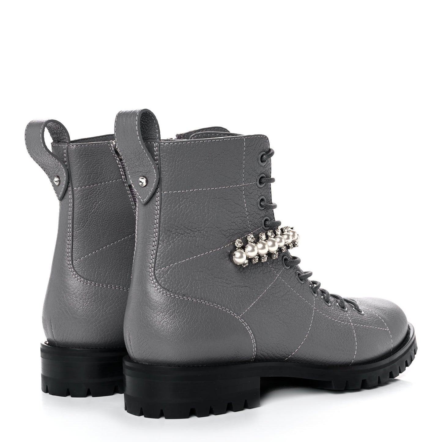 Grained Calfskin Crystal Embellished Cruz Combat Boots 38.5 Grey
