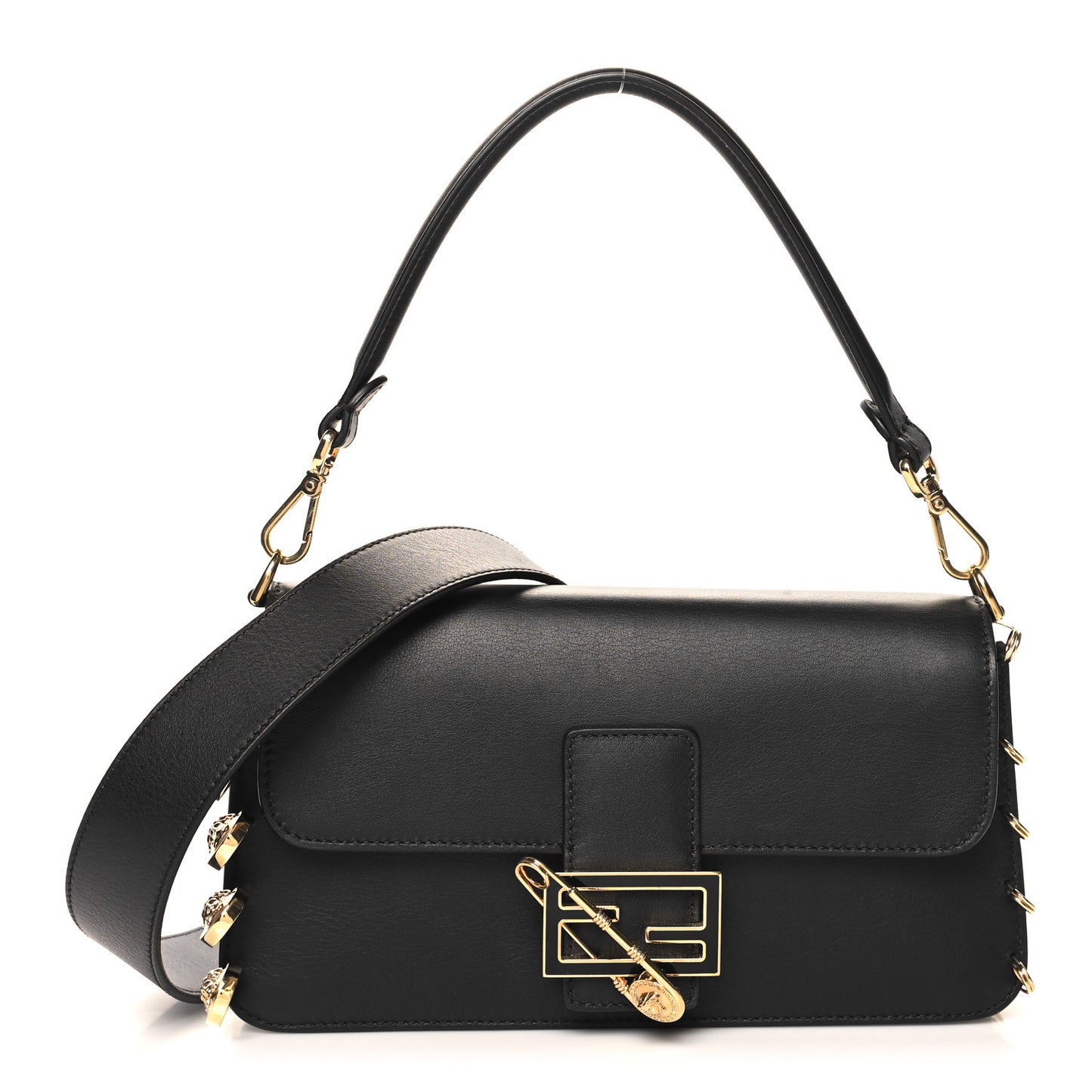 X VERSACE Vitello Seta Fendace Brooch Baguette Black