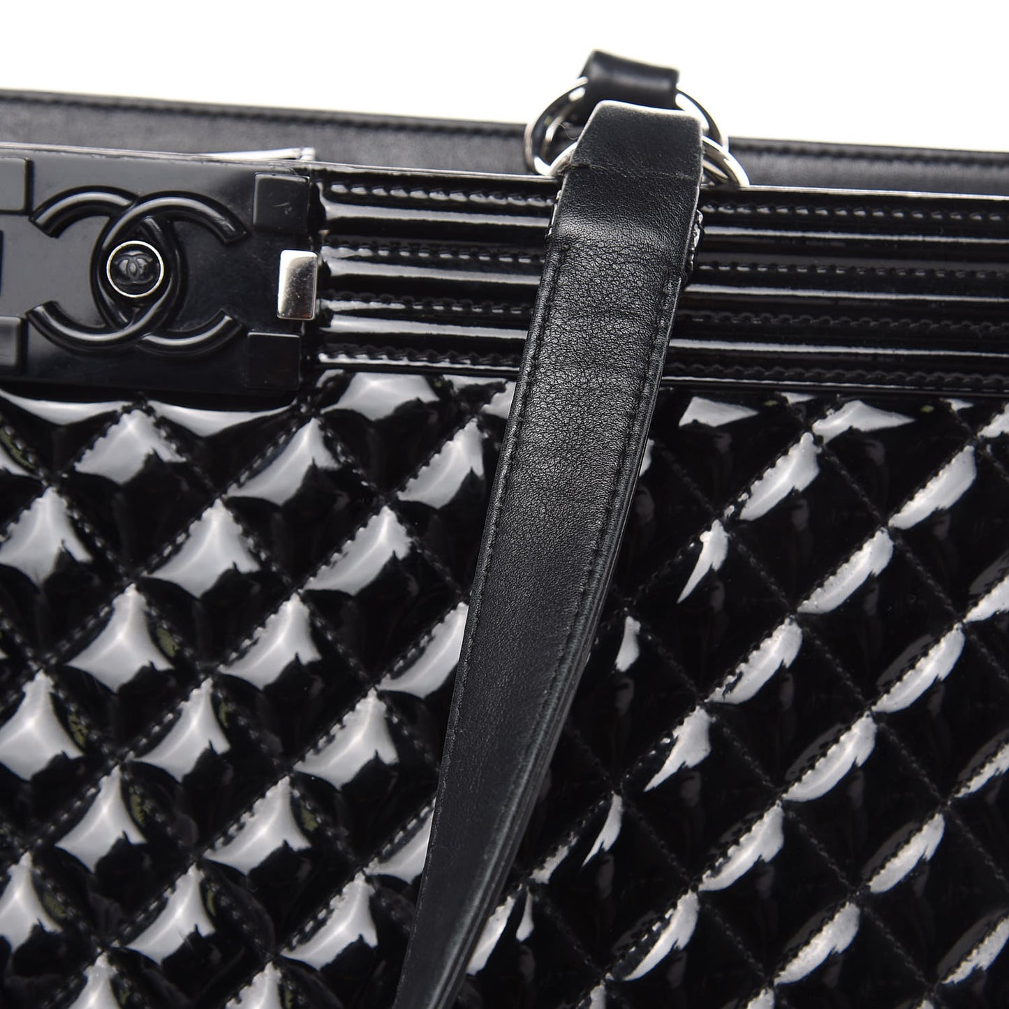 Patent Calfskin Quilted Plexiglass Boy Shopping Tote Black