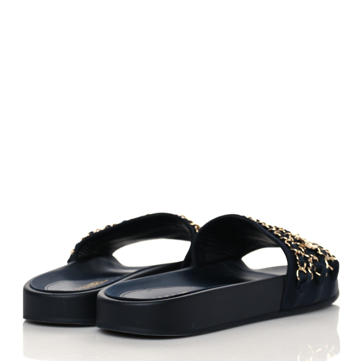 Chanel Satin Canvas Chain Slides Sandals Flats 39 Marine 4 of 8