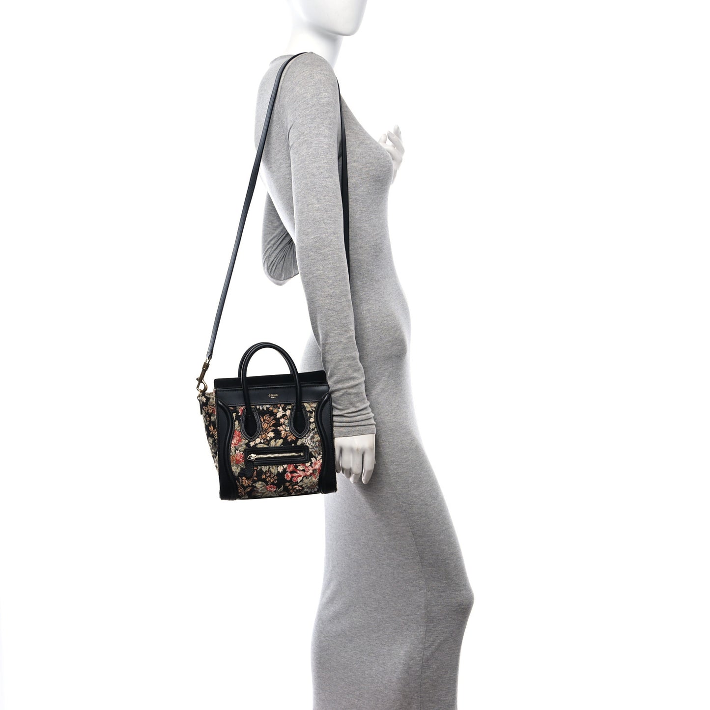 Calfskin Lambskin Canvas Jacquard Floral Nano Luggage Black