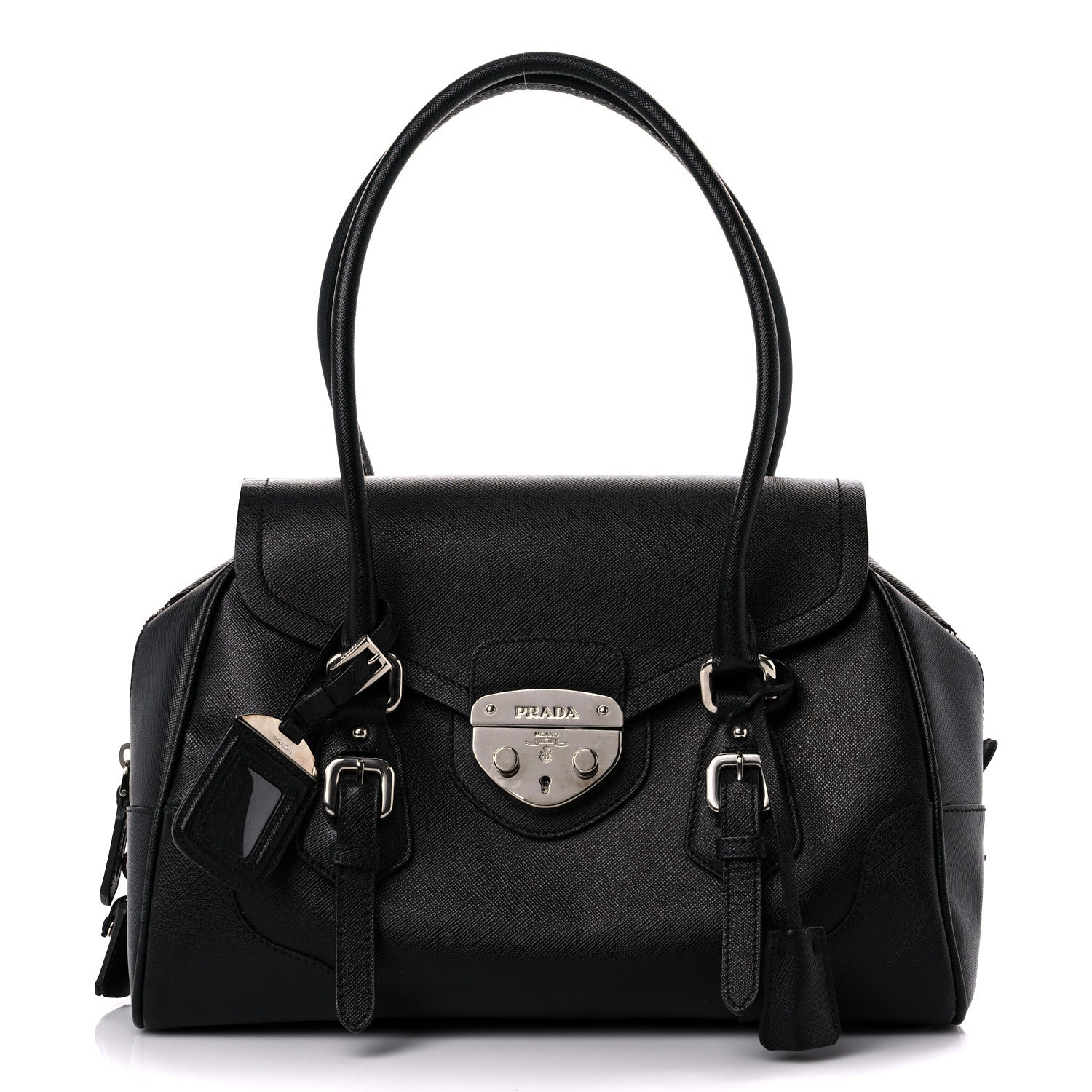 Prada Saffiano Pushlock Satchel Black 1 of 16