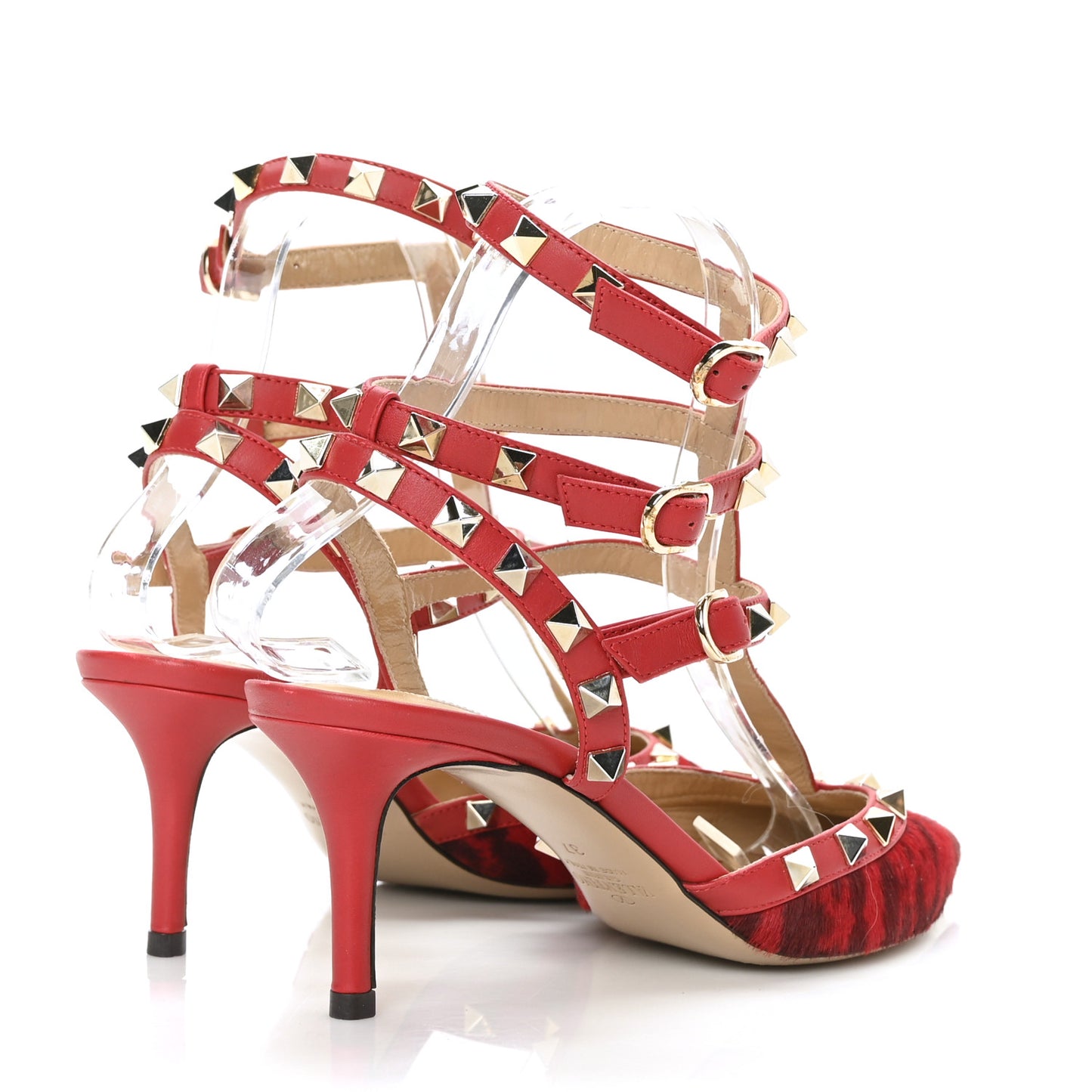 Calf Hair Leopard Print Rockstud Ankle Strap 65mm Pumps 37 Rosso Valentino