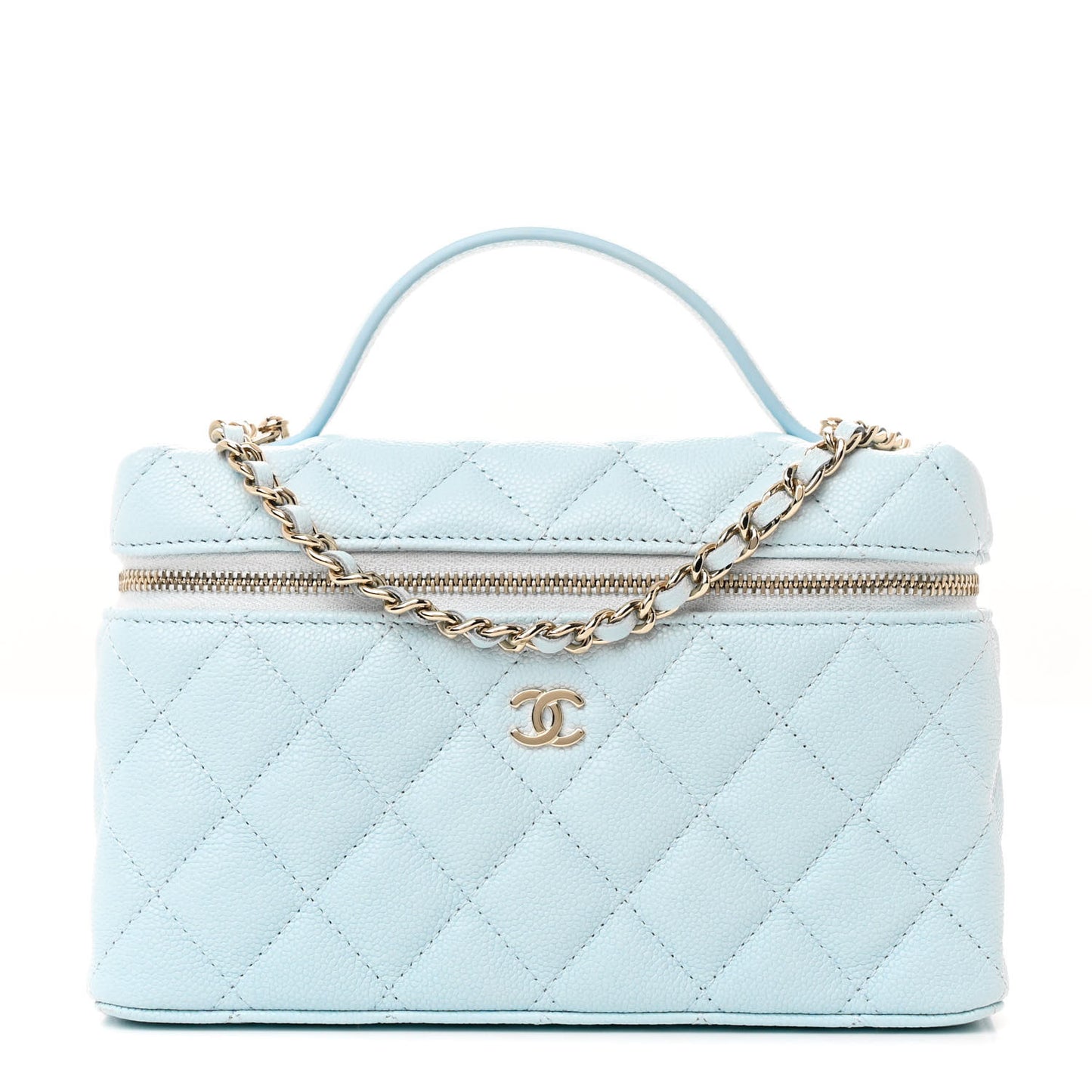 Caviar Quilted Top Handle Slim Vanity With Chain Light Blue
