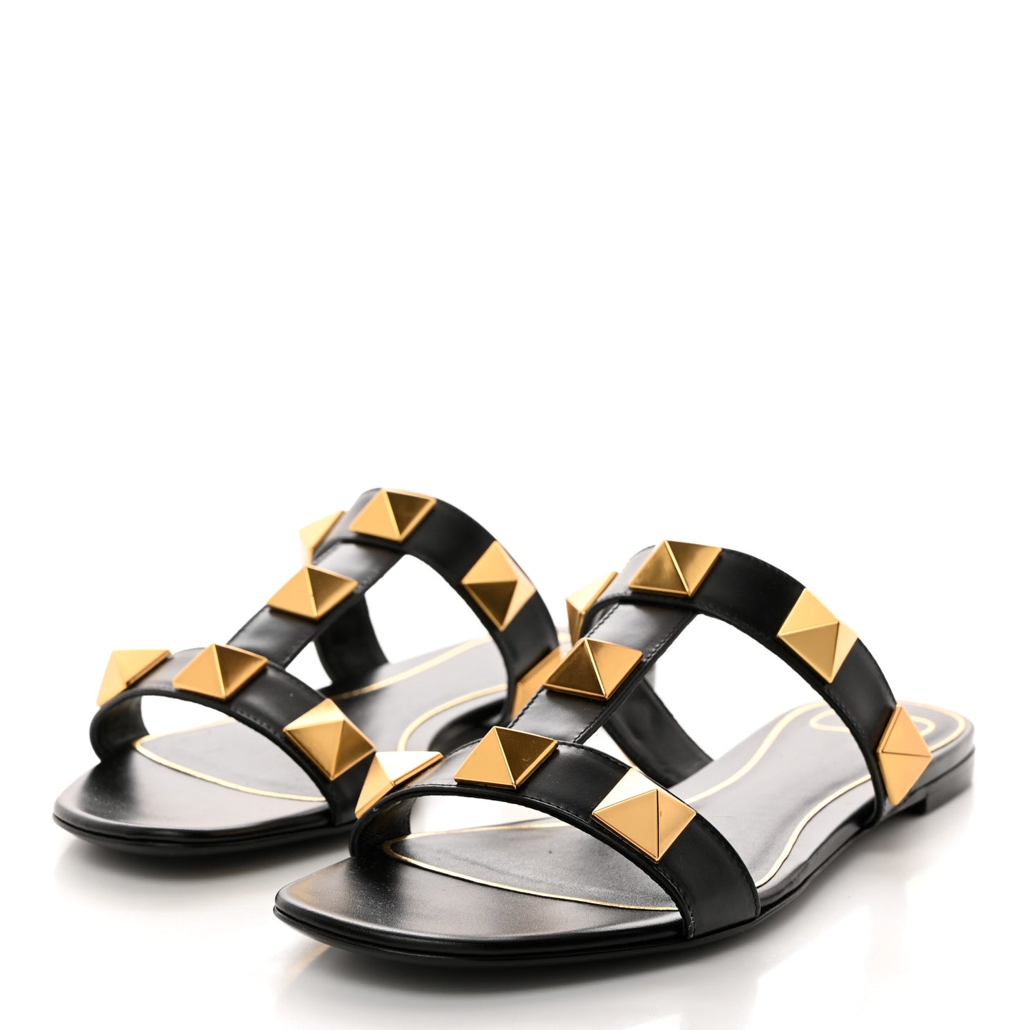 Calfskin Roman Stud Flat Slide Sandals 38 Black
