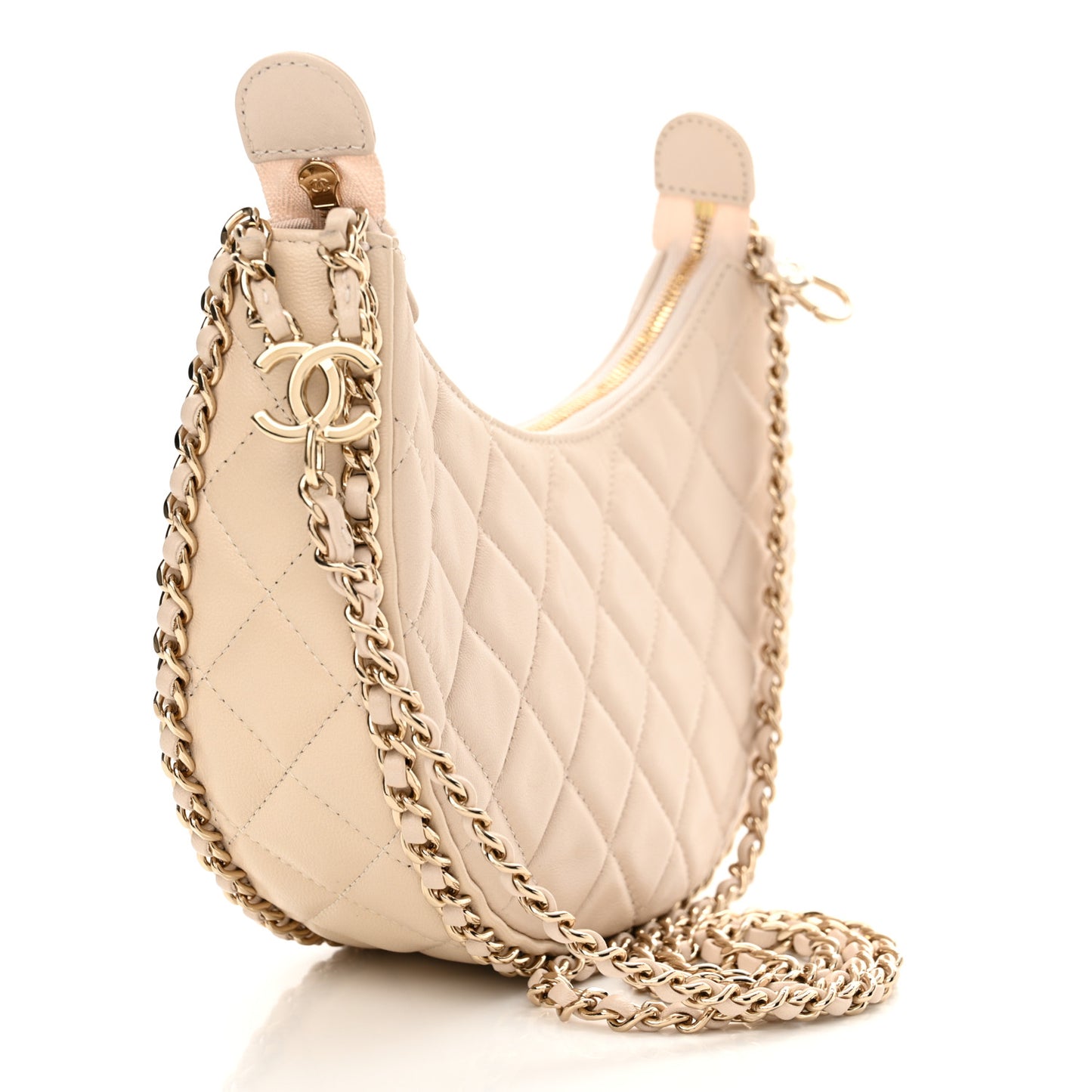 Lambskin Quilted Small Hobo Bag Light Beige