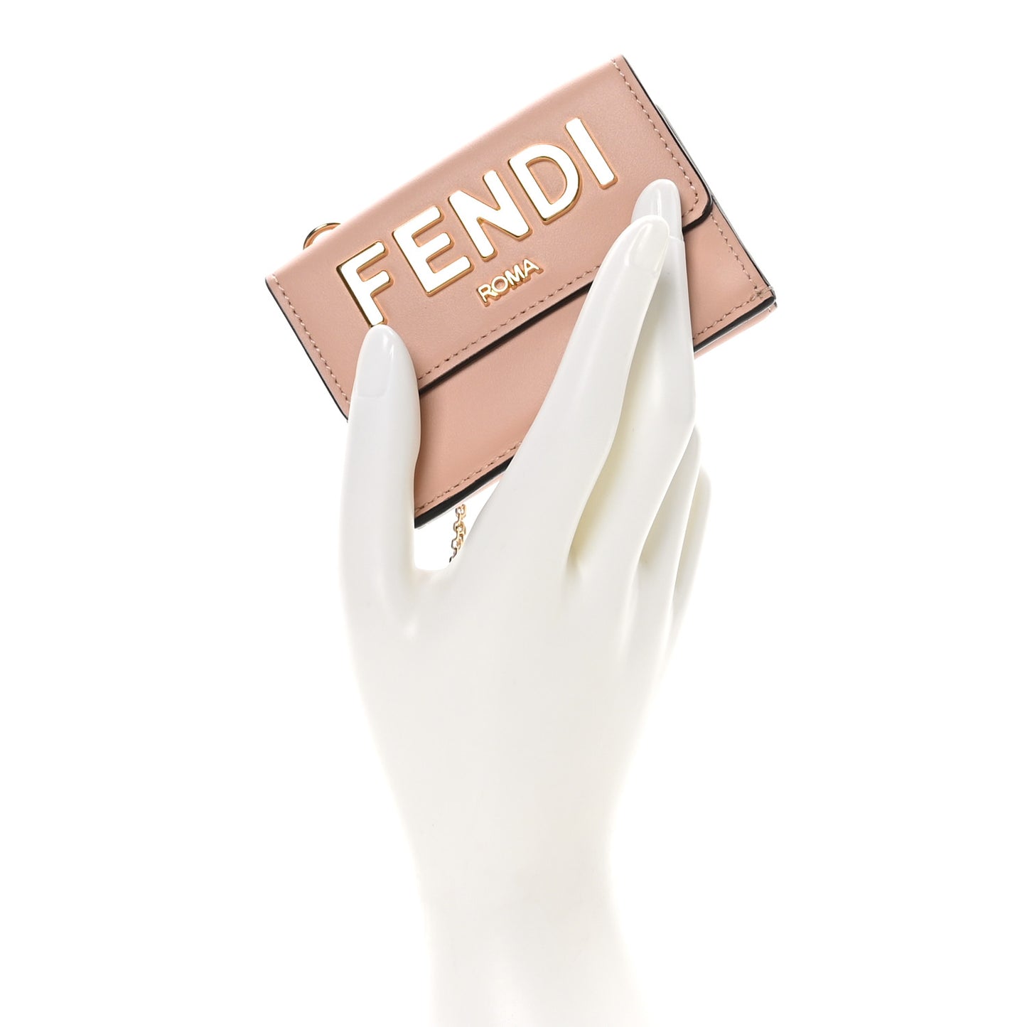 Vitello Kyoto Metal Fendi Roma Logo Micro Trifold Wallet with Chain Light Rose
