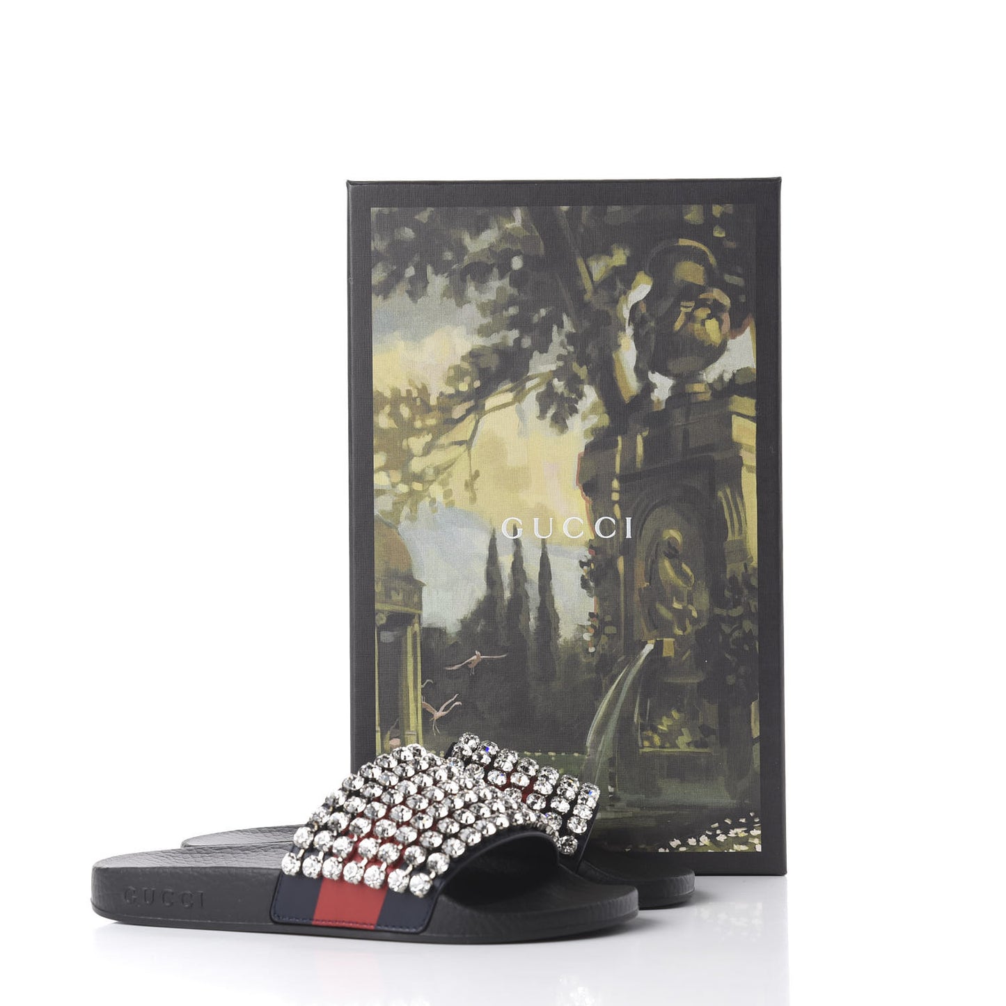 Calfskin Crystal Embellished Web Slide Sandals 35 Blue Red