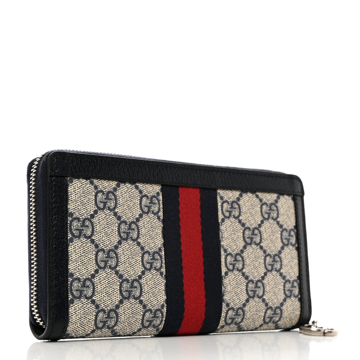 GG Supreme Monogram Textured Dollar Calfskin Web Ophidia Zip Around Wallet Beige Blue