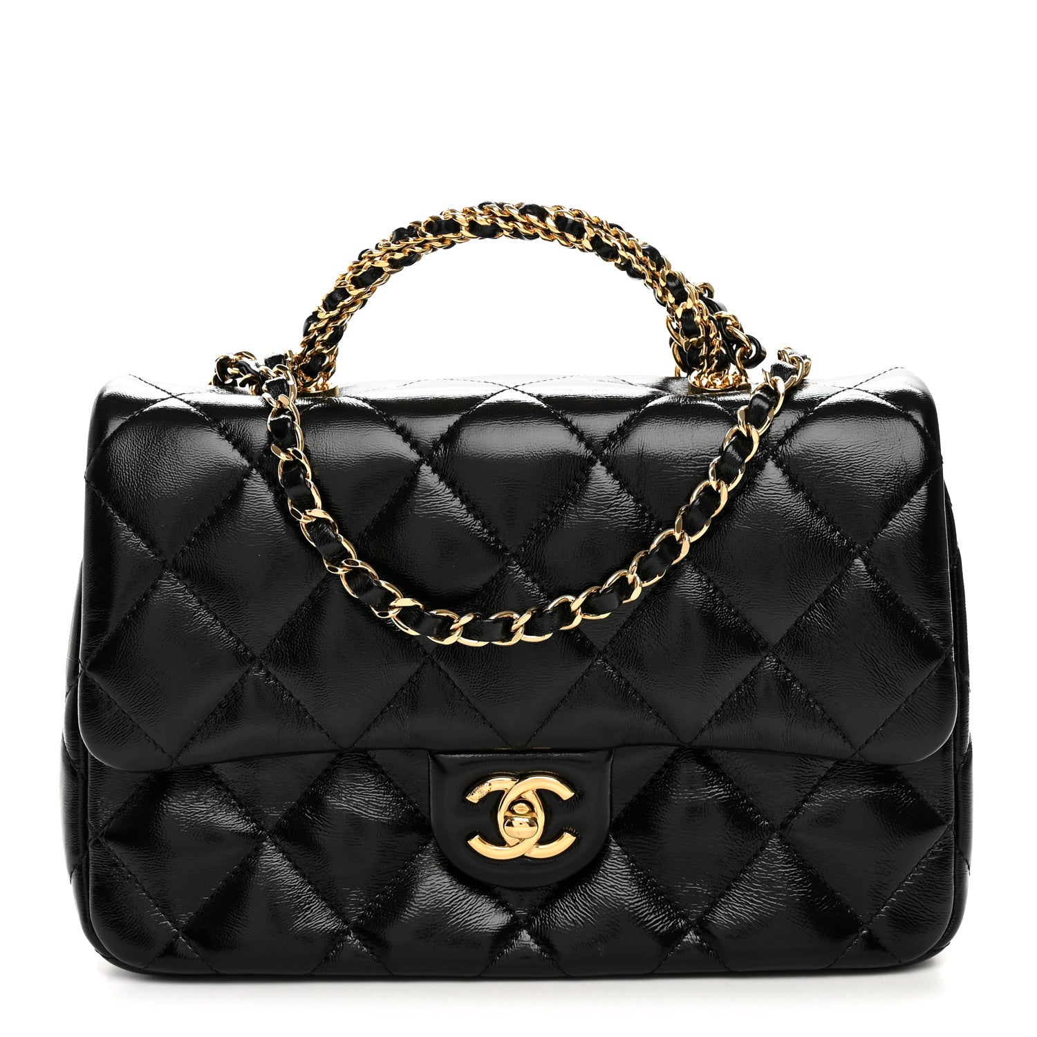 CHANEL ブラック キルティング バッグ Chanel Shiny Lambskin Quilted Twisted Links Top Handle Flap Black