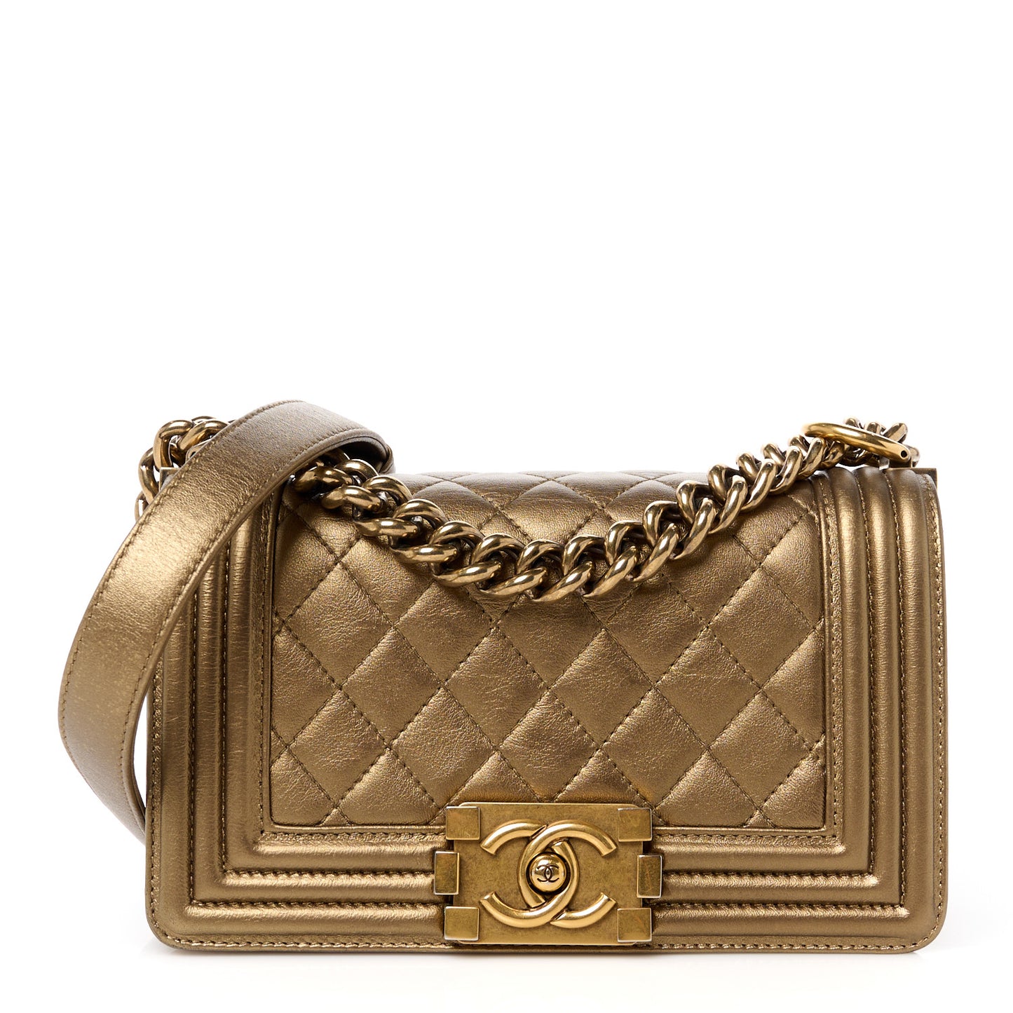 Metallic Calfskin Quilted Small Boy Flap Gold
