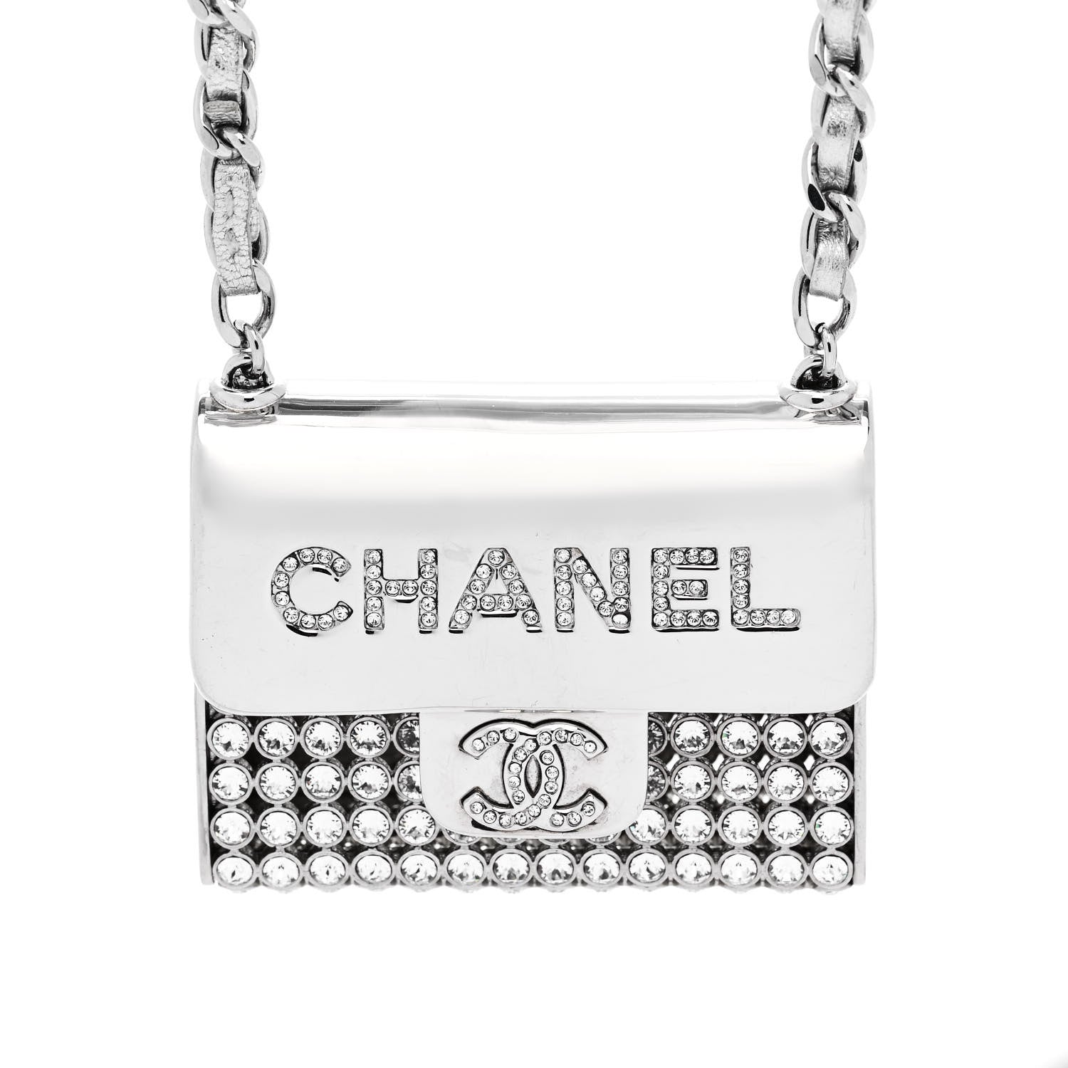 Chanel Metal Lambskin Strass Crystal Purse CC Long Necklace Silver 4 of 6