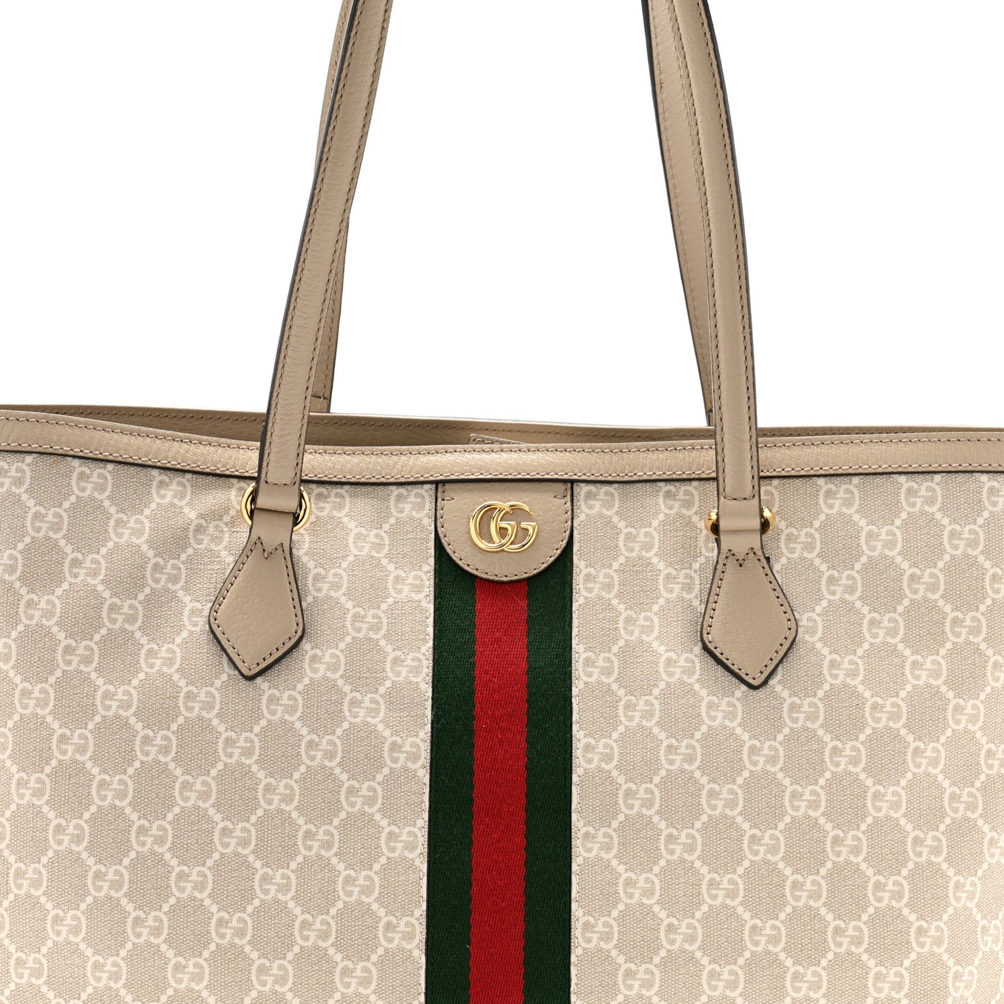 GG Supreme Monogram Textured Dollar Calfskin Web Medium Ophidia Shopping Tote Beige Mystic White Oatmeal
