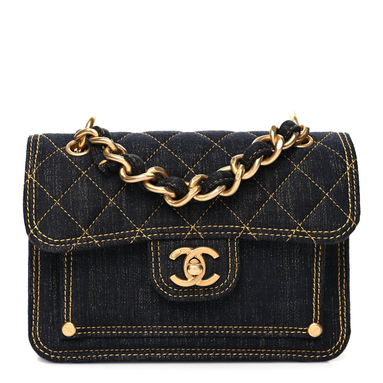 Chanel Denim Quilted Double You Mini Flap Black Golden 1270279